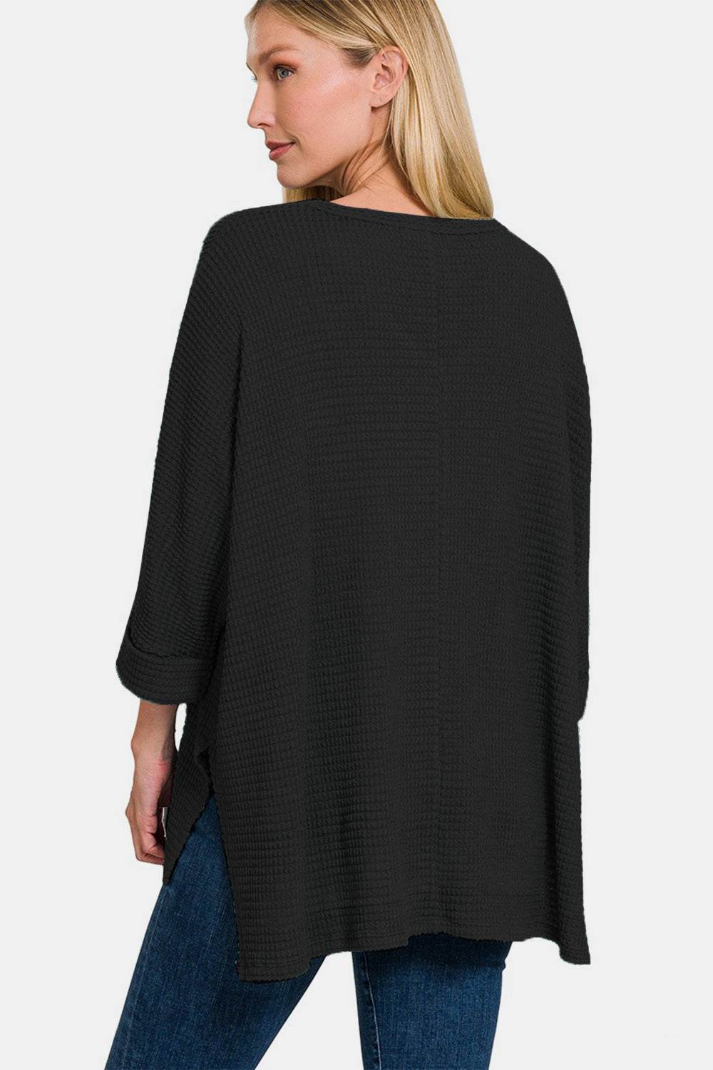 Zenana Full Size Waffle Knit V-Neck Long Sleeve Slit Top - DaTrendStore.Com