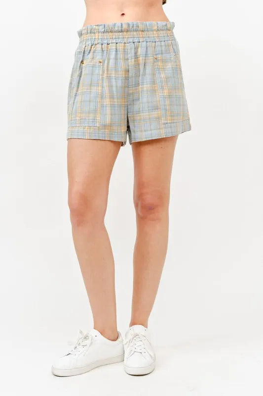 And The Why Blue Plaid Smocked Shorts