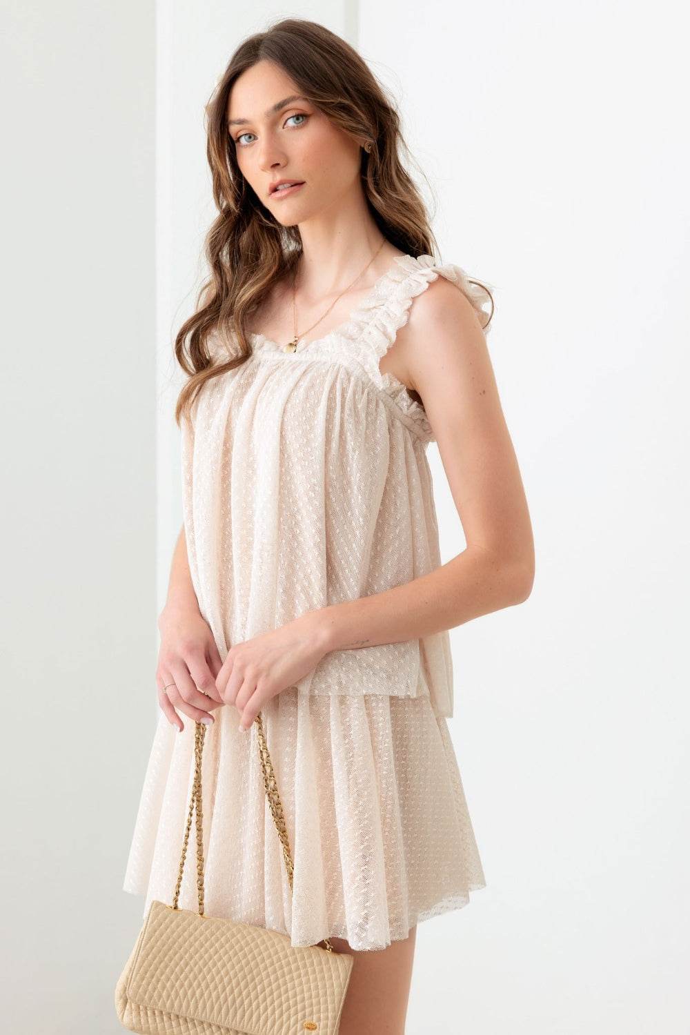 Mustard Seed Sheer Pin Dot Tank and Elastic Waist Skirt Set - DaTrendStore.Com
