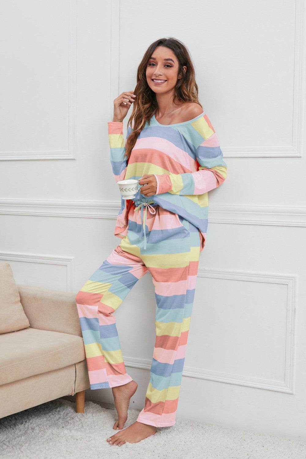 Striped Round Neck Long Sleeve Top and Drawstring Pants Lounge Set - DaTrendStore.Com