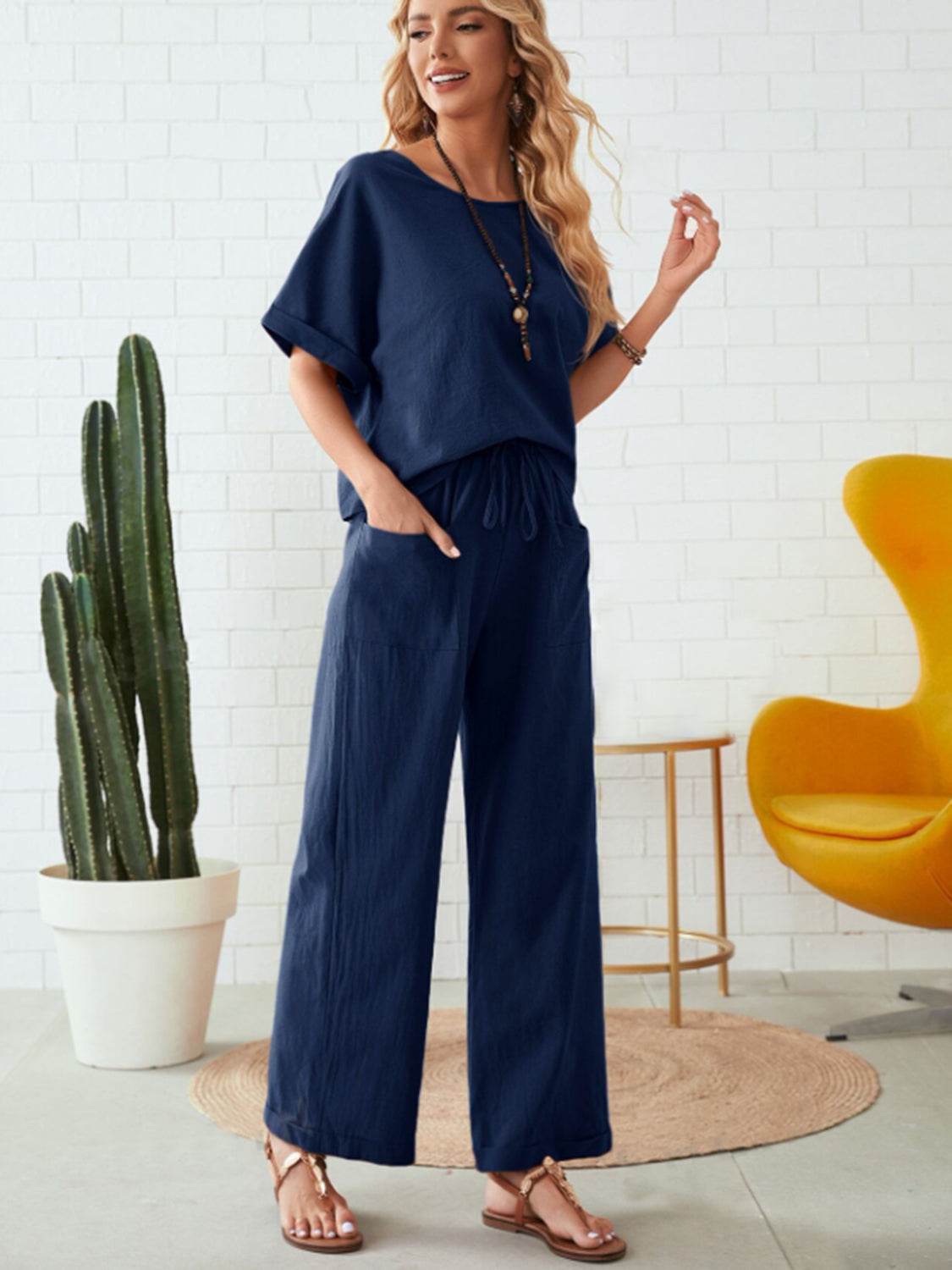 Round Neck Half Sleeve Top and Pocketed Pants Set - DaTrendStore.Com