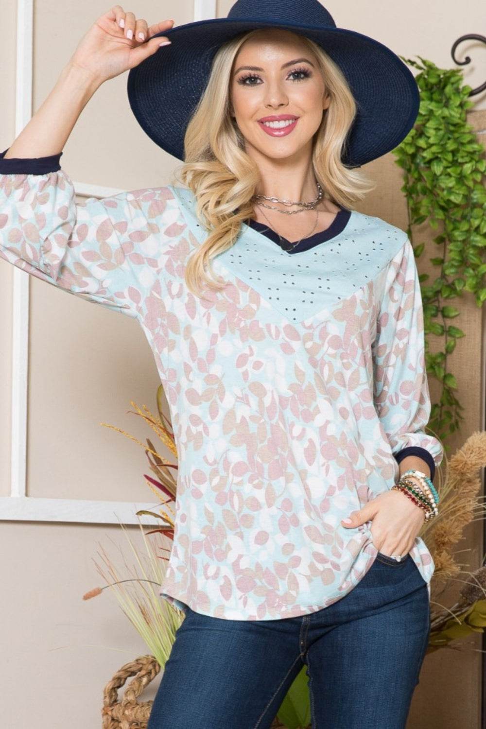 Celeste Full Size Leaf Print Contrast Trim Balloon Sleeve Top - DaTrendStore.Com