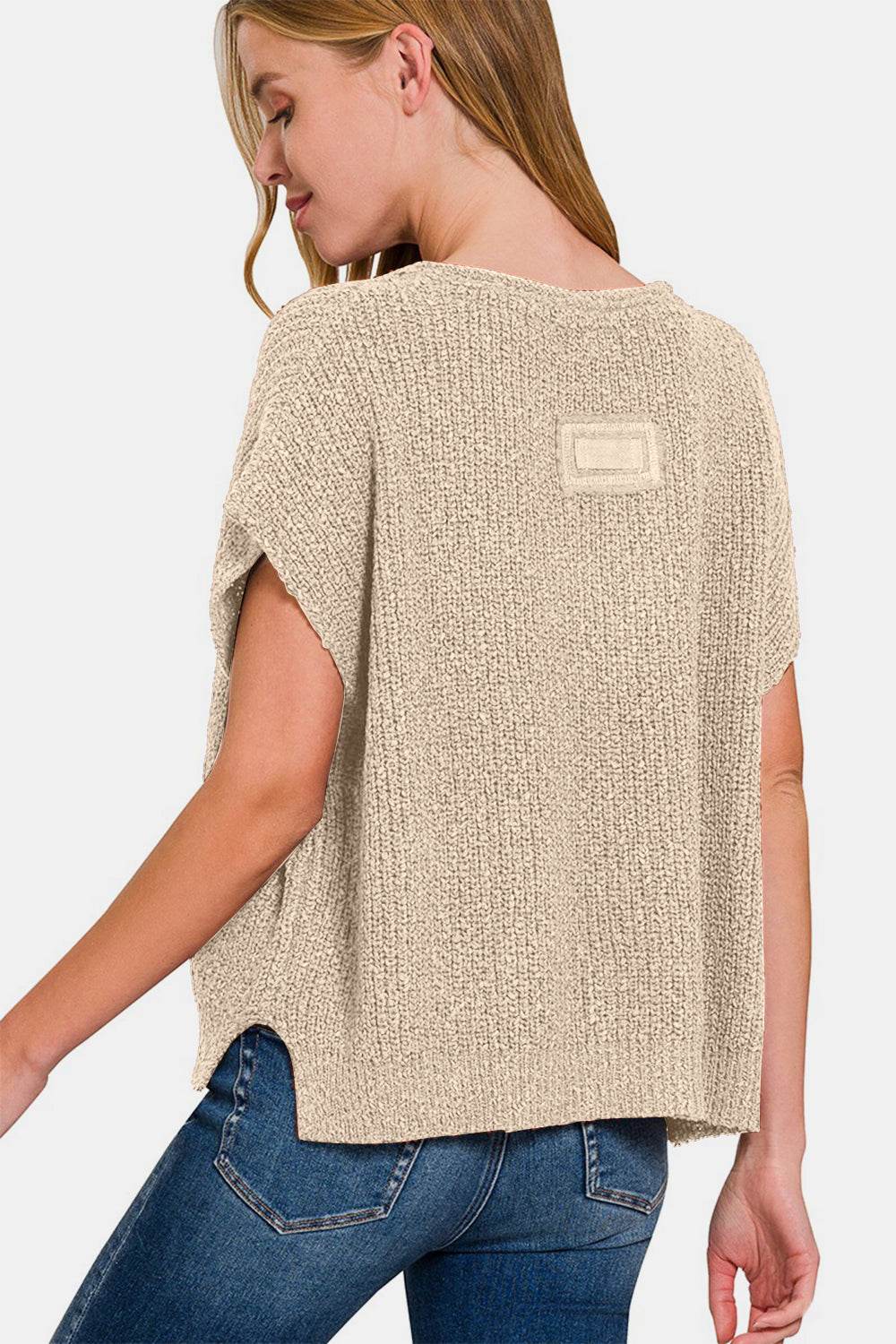 Zenana Short Sleeve Side Slit Sweater - DaTrendStore.Com