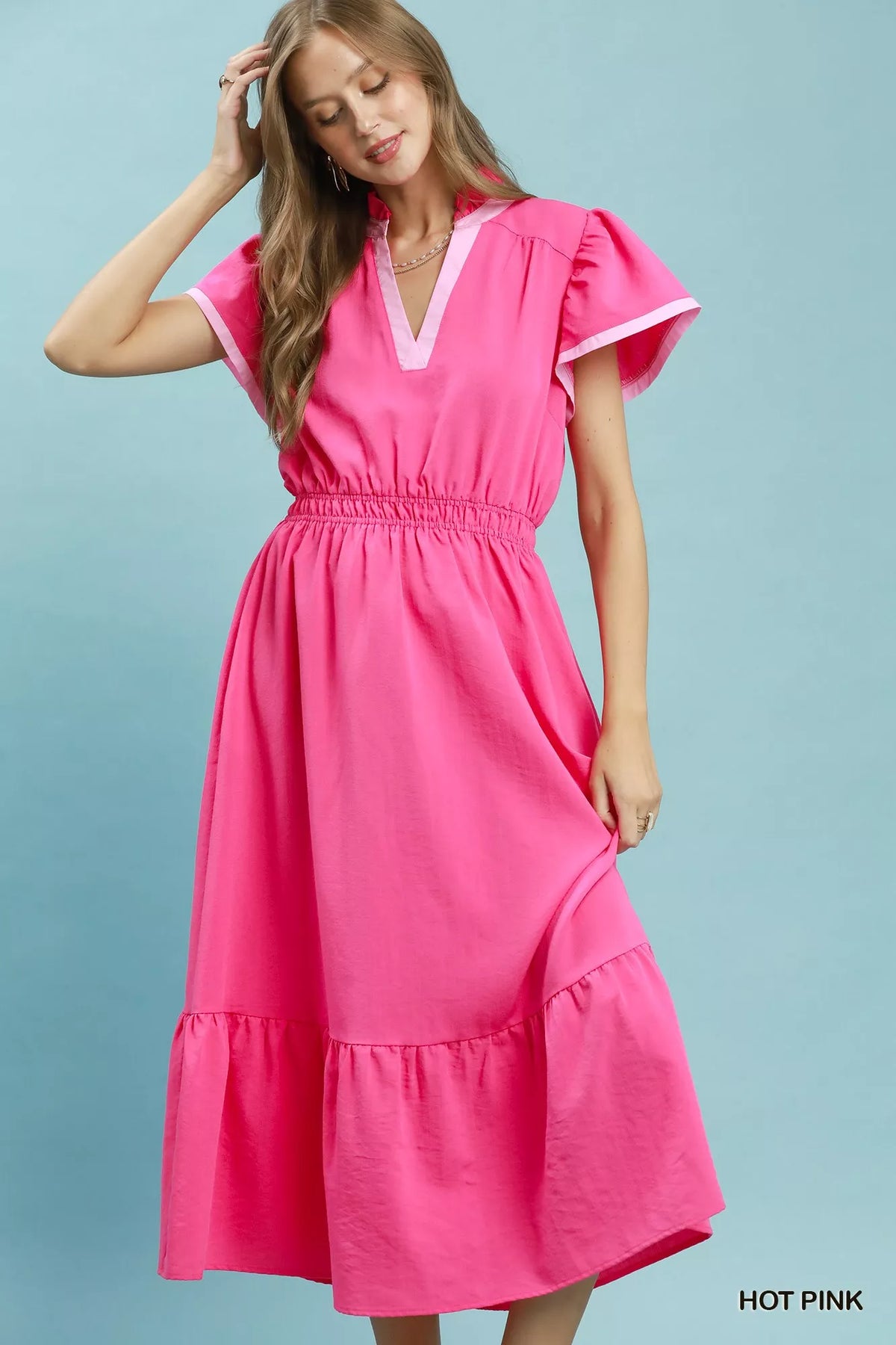 Umgee Contrast Trim Midi Dress with Tiered Ruffle Hem - Hot Pink