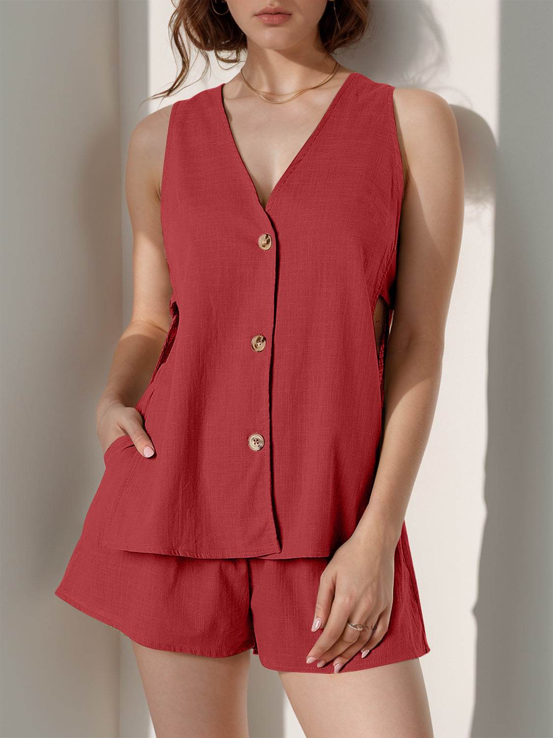 Full Size Button Up Top and Shorts Set - DaTrendStore.Com