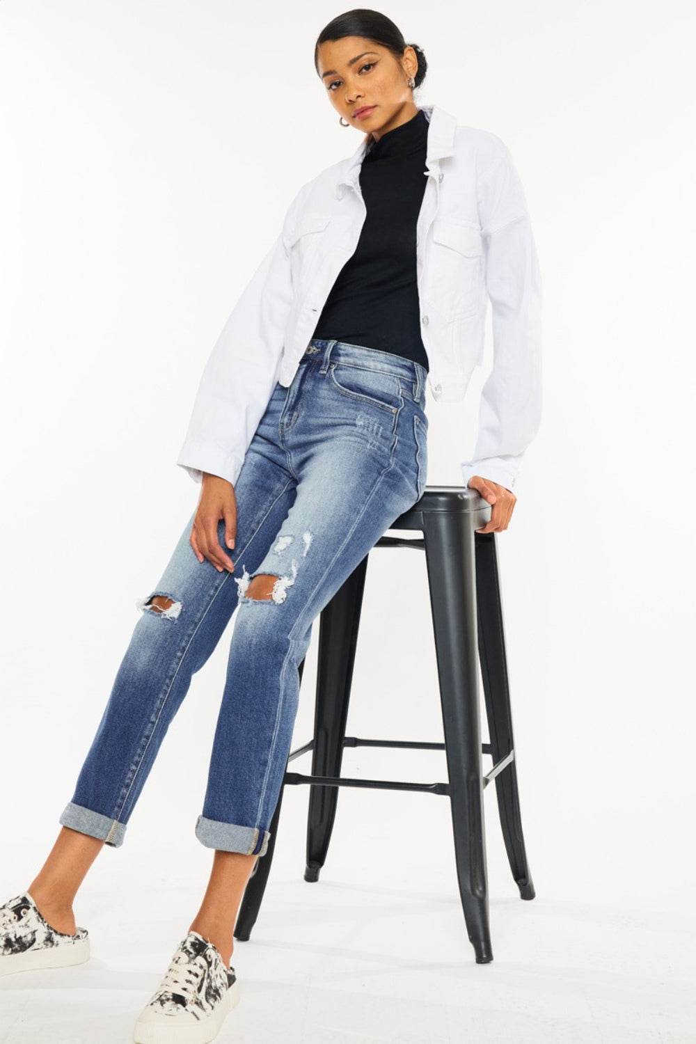 Kancan High Waist Distressed Hem Detail Cropped Straight Jeans - DaTrendStore.Com