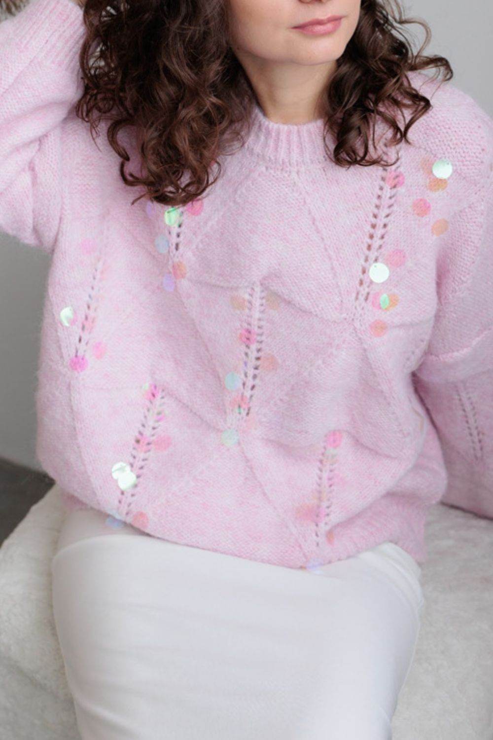Sequin Round Neck Long Sleeve Sweater - DaTrendStore.Com
