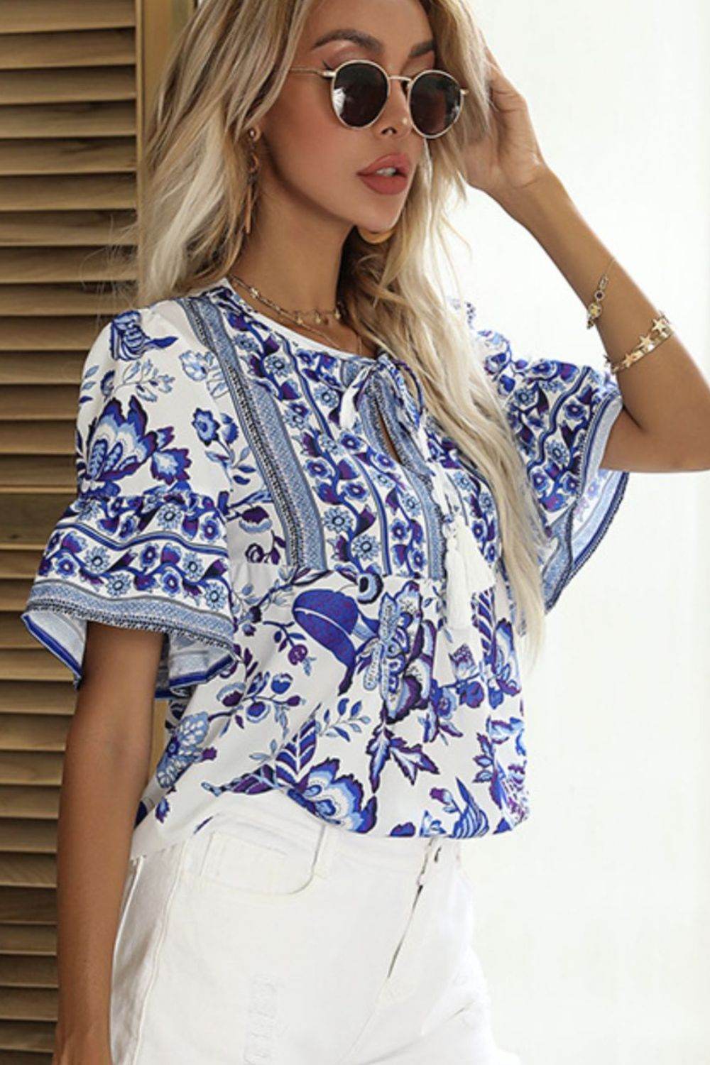 Perfee Printed Buttoned Flounce Sleeve Blouse - DaTrendStore.Com
