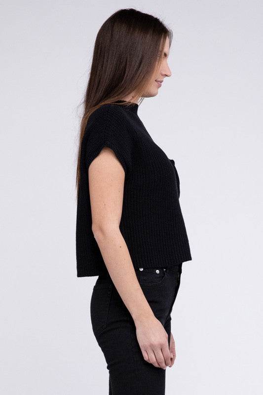 Mock Neck Short Sleeve Cropped Sweater - DaTrendStore.Com