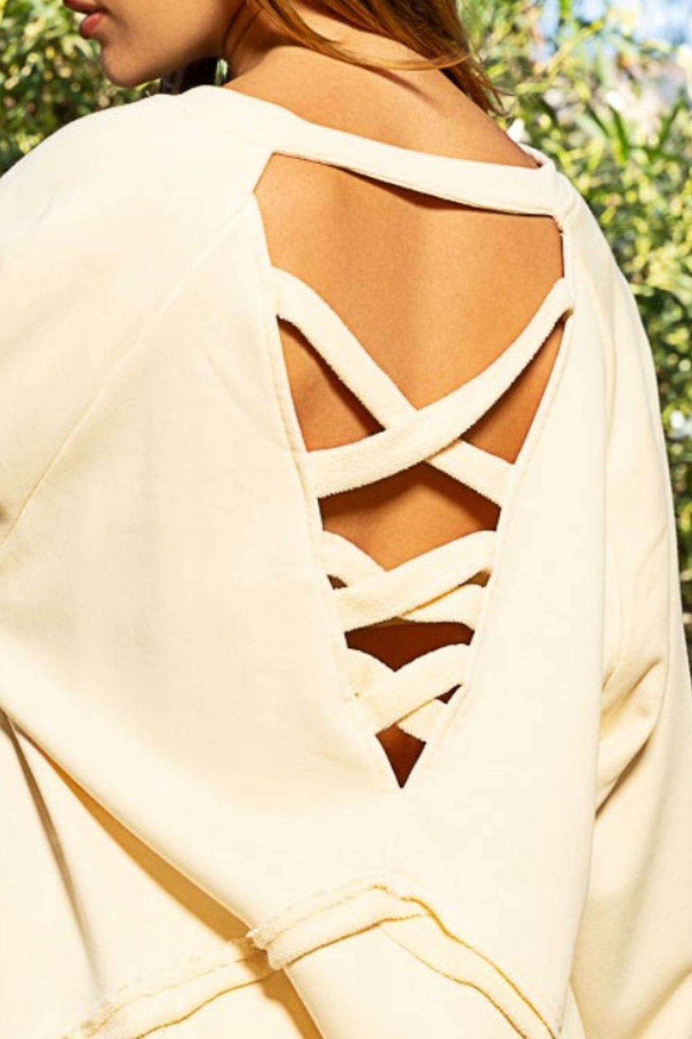 POL Back Cross Strap Detail Balloon Sleeve Sweatshirt - DaTrendStore.Com