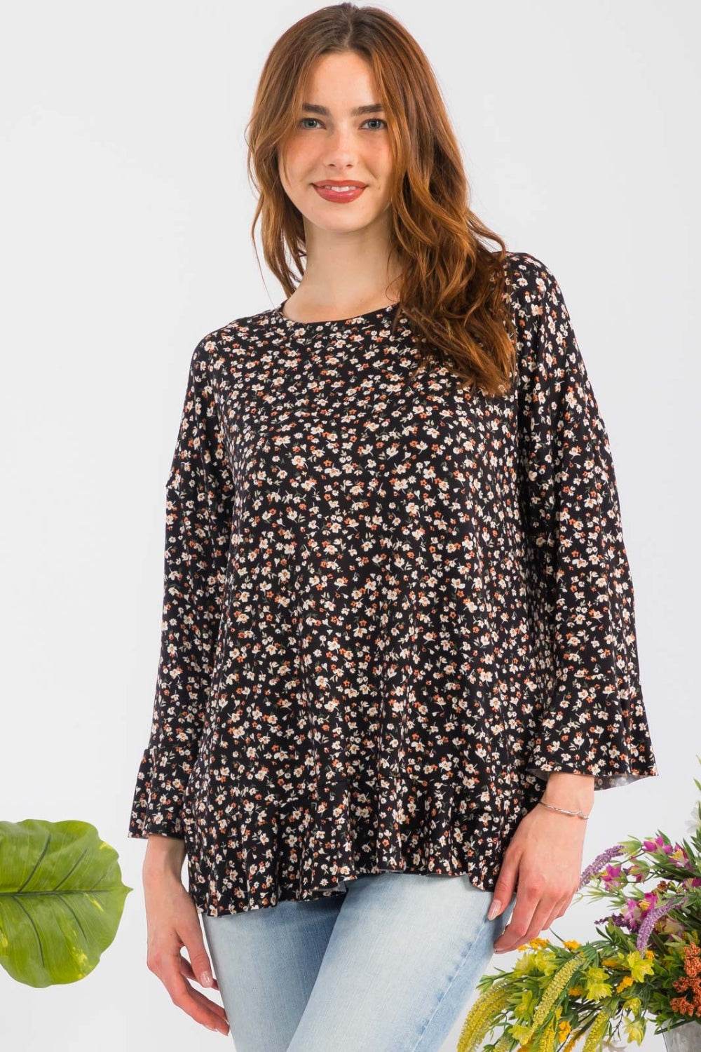 Celeste Full Size Floral Ruffle Detail Top - DaTrendStore.Com