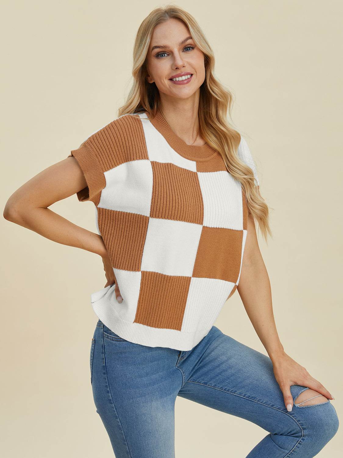 Double Take Full Size Checkered Round Neck Short Sleeve Sweater - DaTrendStore.Com