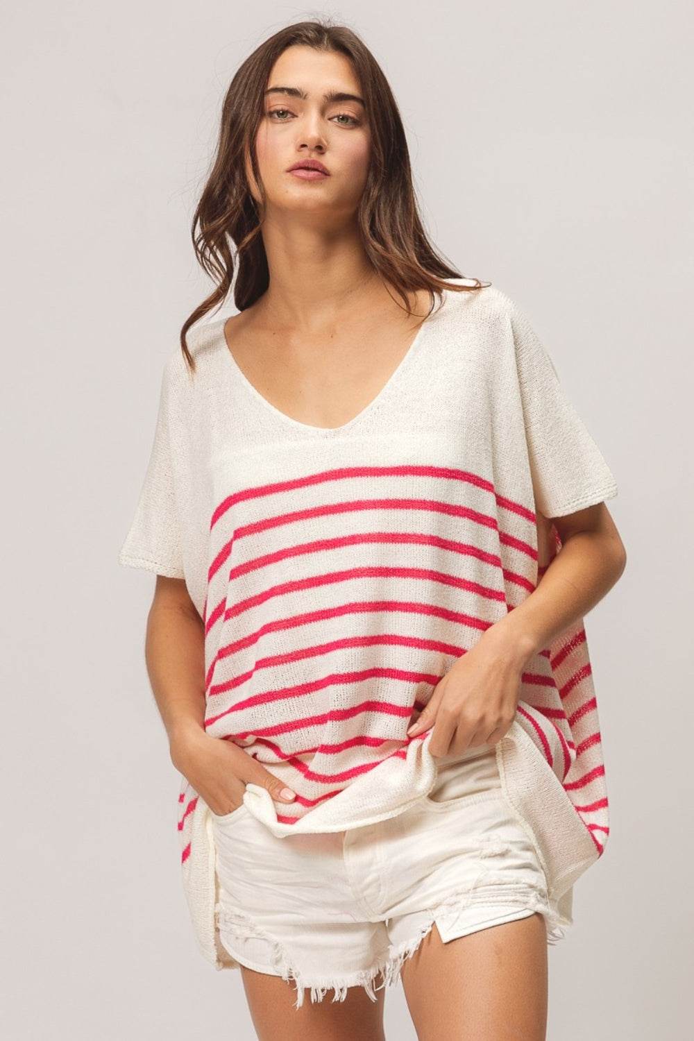 BiBi V Neck Striped Short Sleeve Top - DaTrendStore.Com