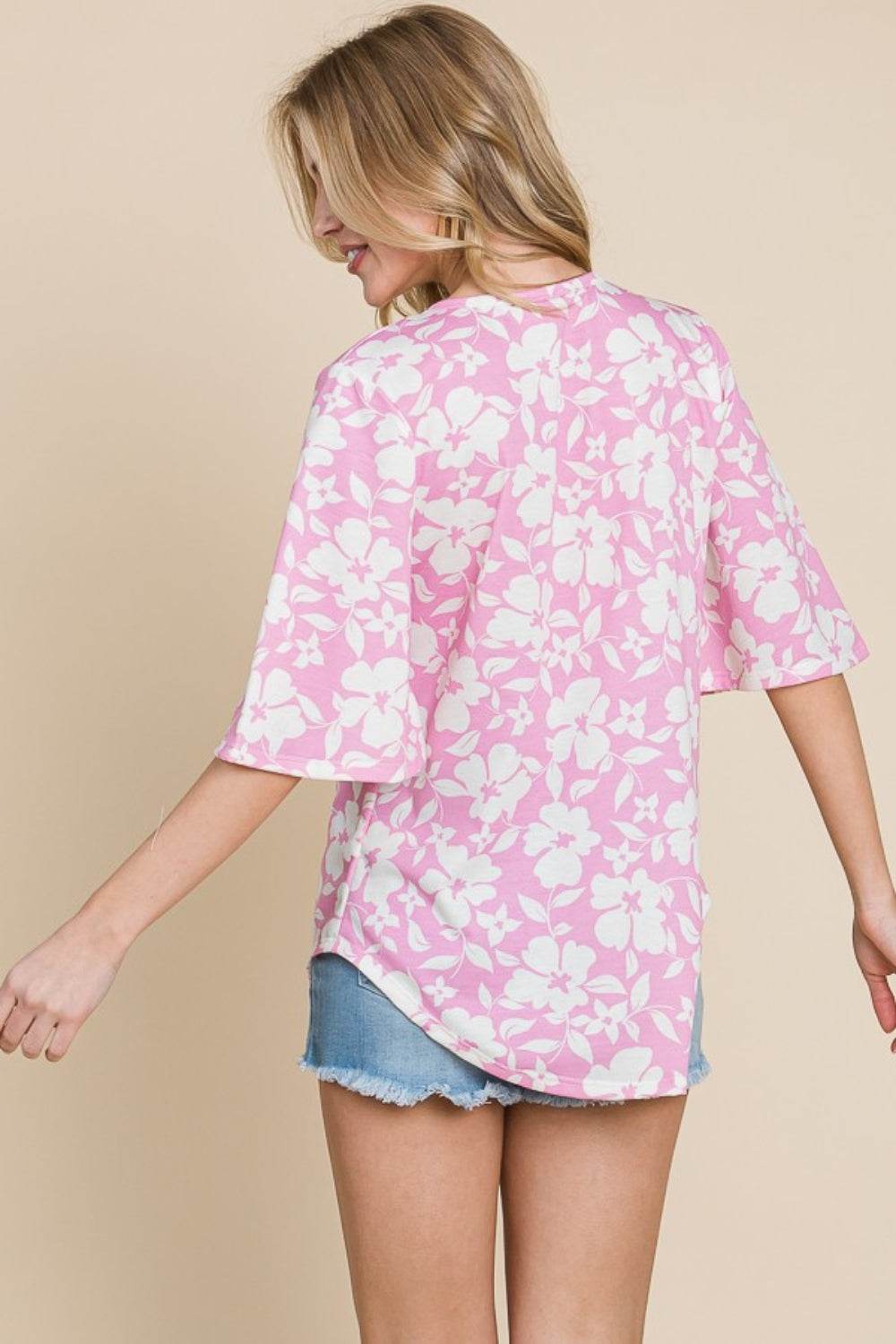 BOMBOM Floral Decorative Button V-Neck Top - DaTrendStore.Com