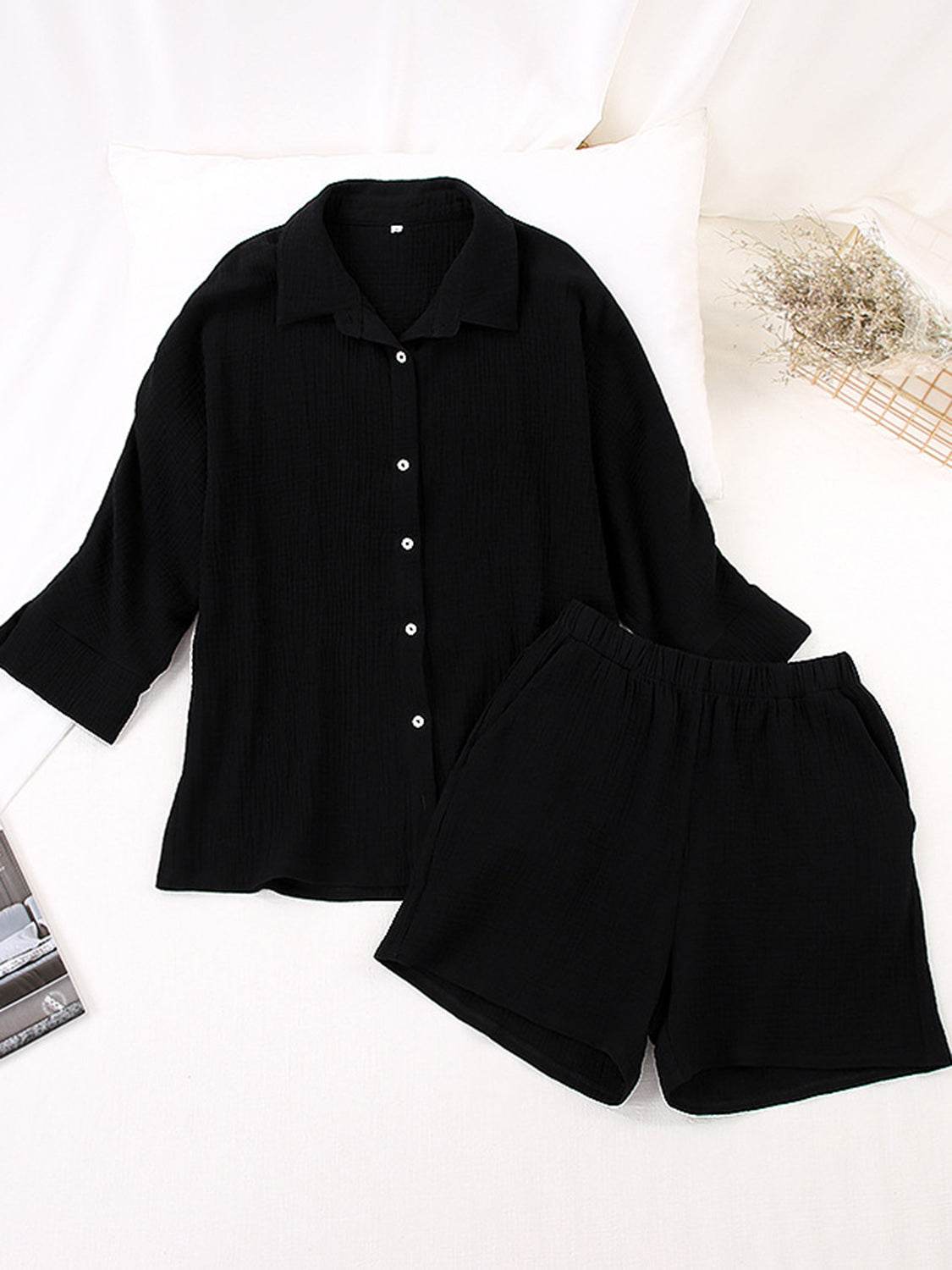 Texture Button Up Shirt and Shorts Set - DaTrendStore.Com