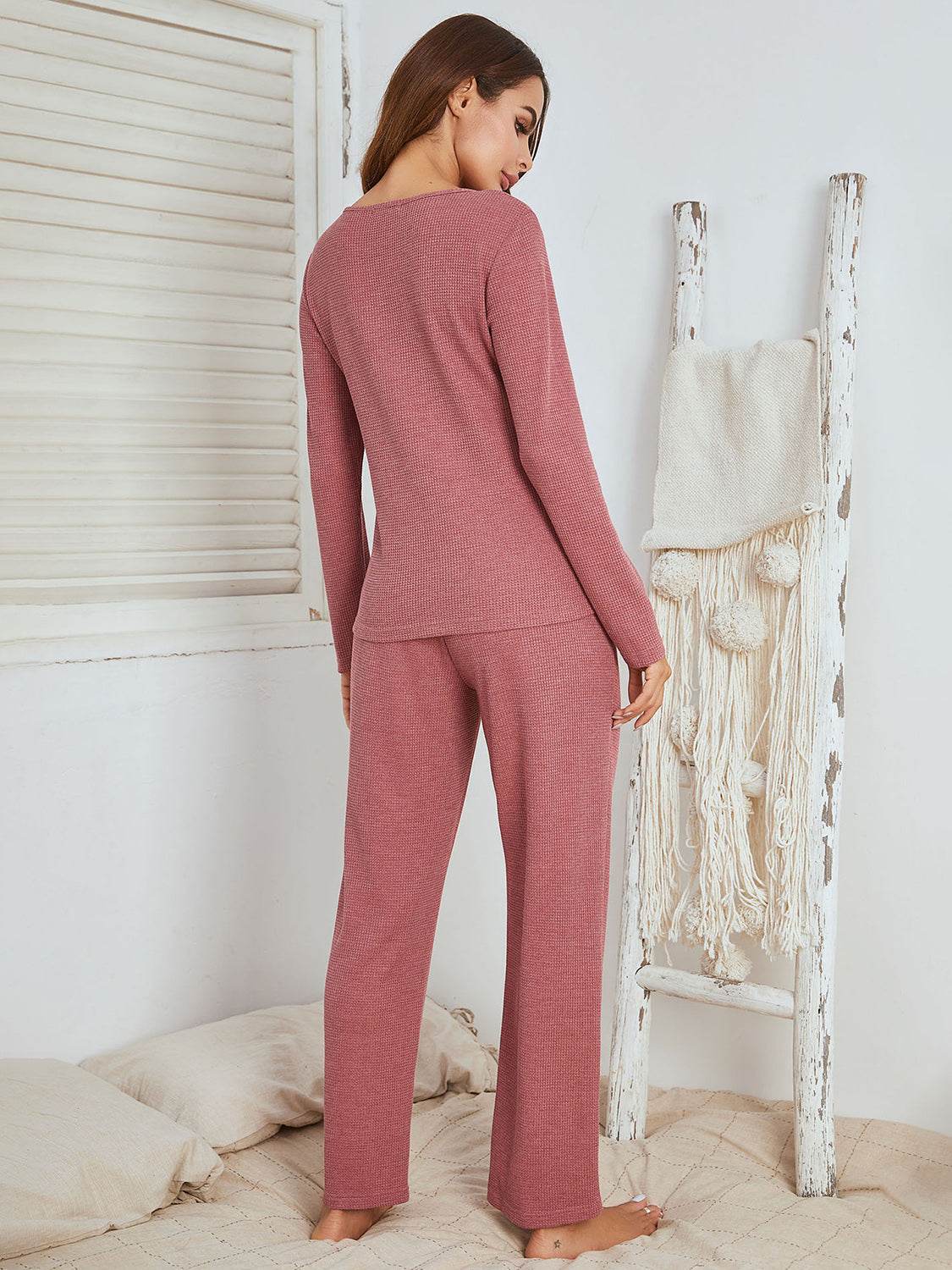 Notched Long Sleeve Top and Pants Set - DaTrendStore.Com