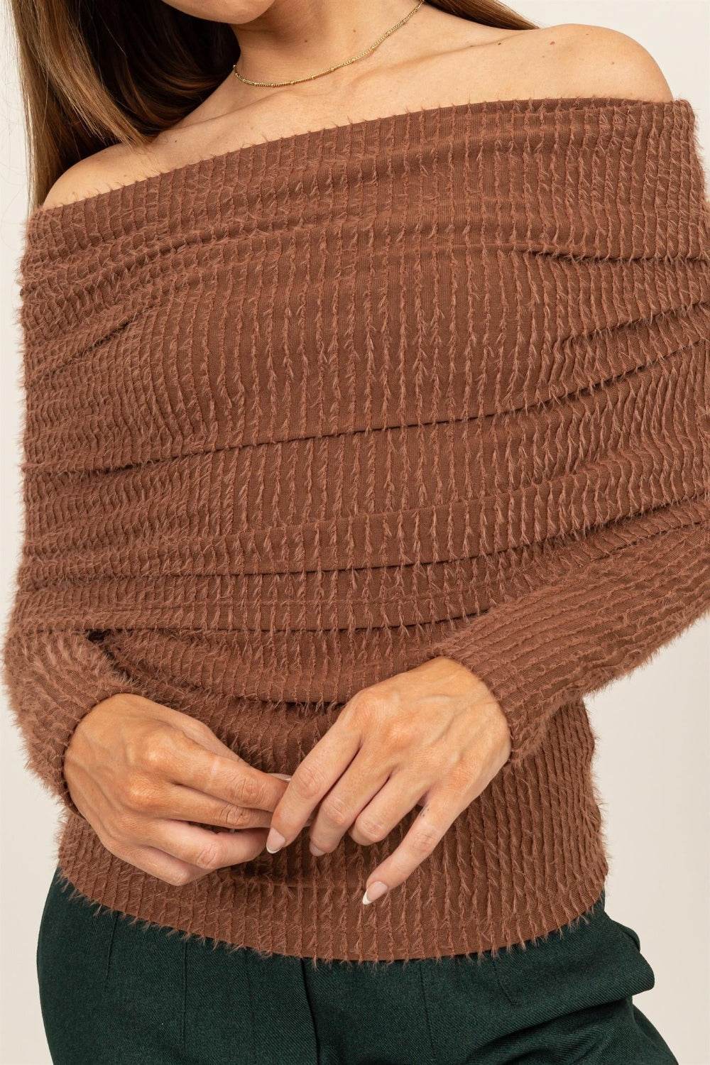 HYFVE Fuzzy Off Shoulder Textured Knit Top - DaTrendStore.Com