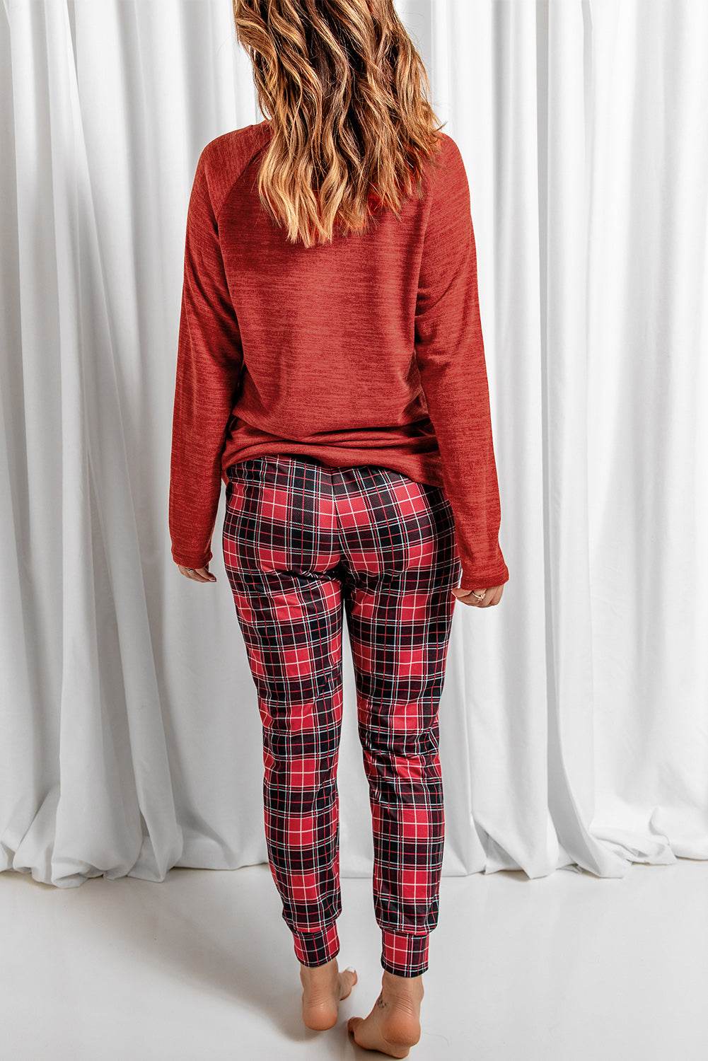 Round Neck Top and Drawstring Plaid Pants Lounge Set - DaTrendStore.Com