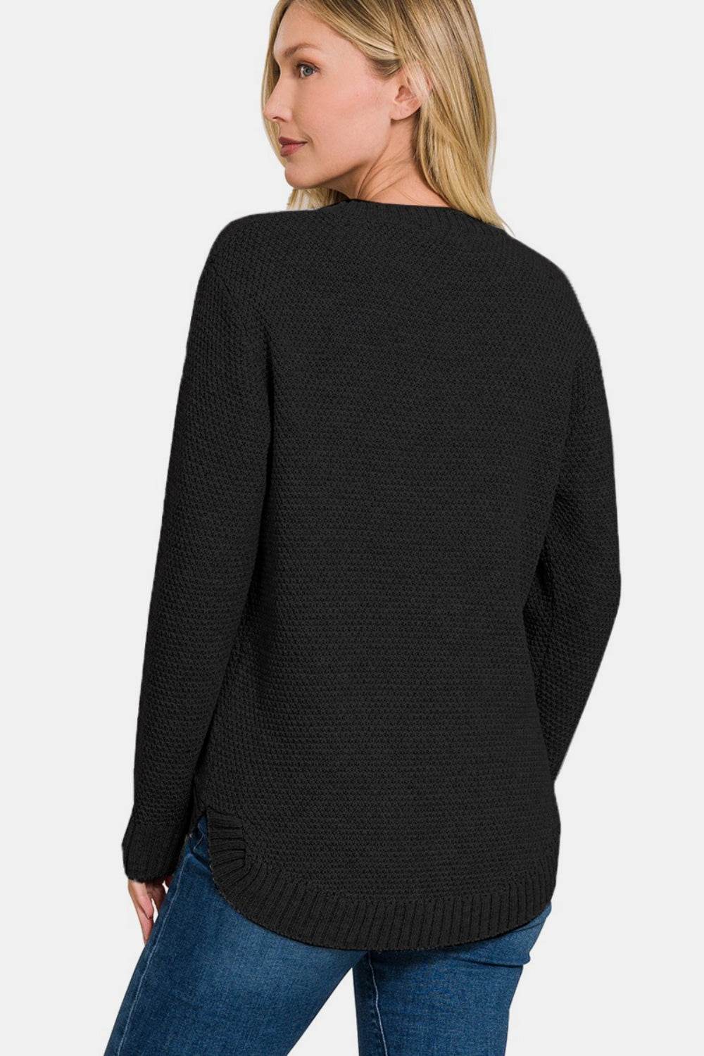 Zenana Ful Size Round Neck Long Sleeve Curved Hem Sweater - DaTrendStore.Com