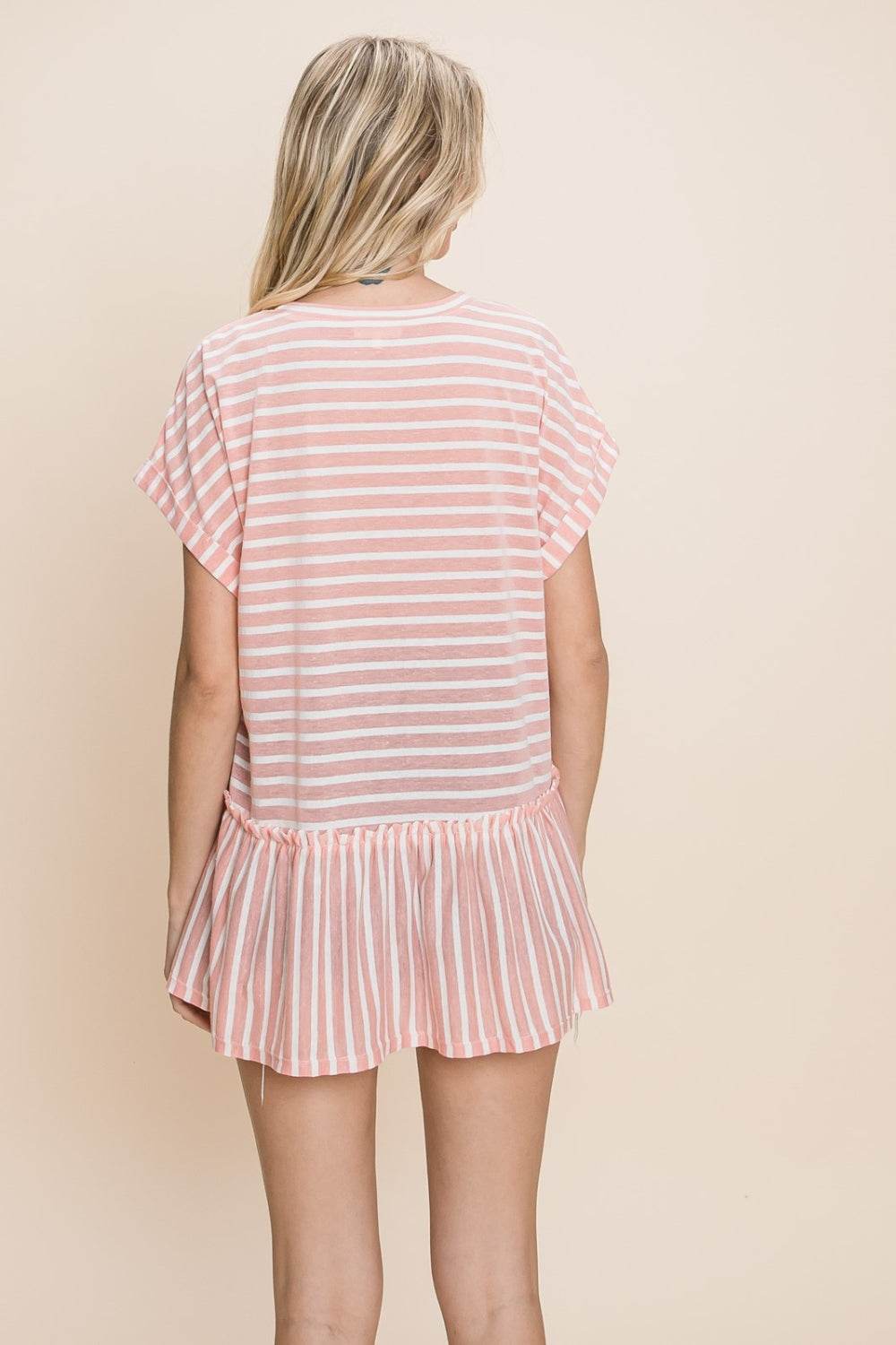 Cotton Bleu by Nu Label Striped Ruffled Short Sleeve Top - DaTrendStore.Com