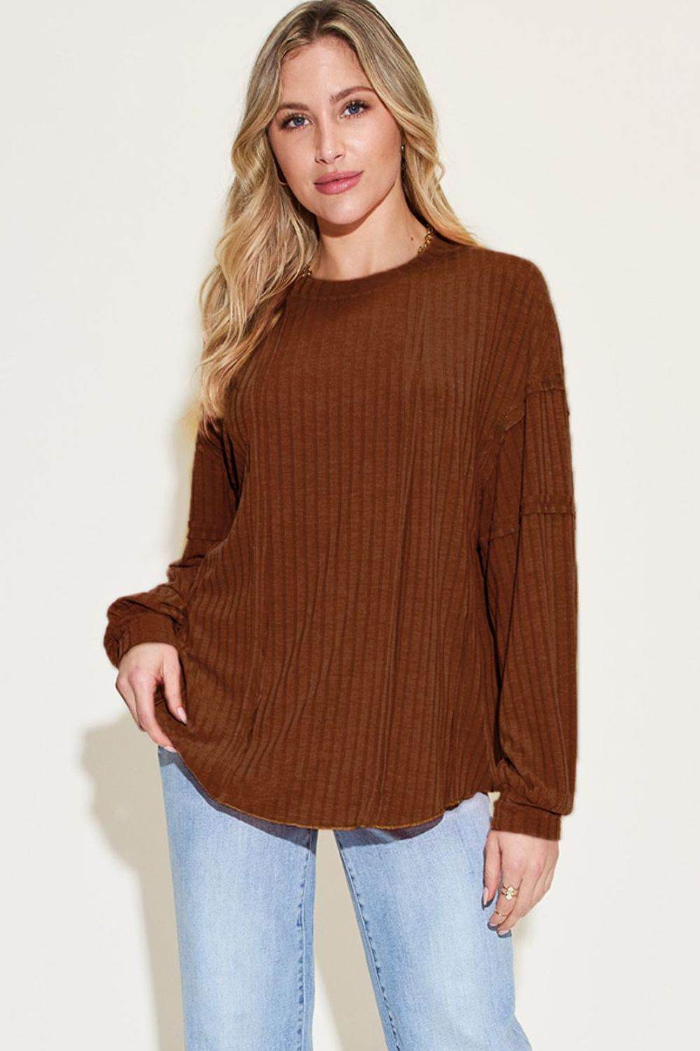 Basic Bae Full Size Ribbed Round Neck Long Sleeve T-Shirt - DaTrendStore.Com
