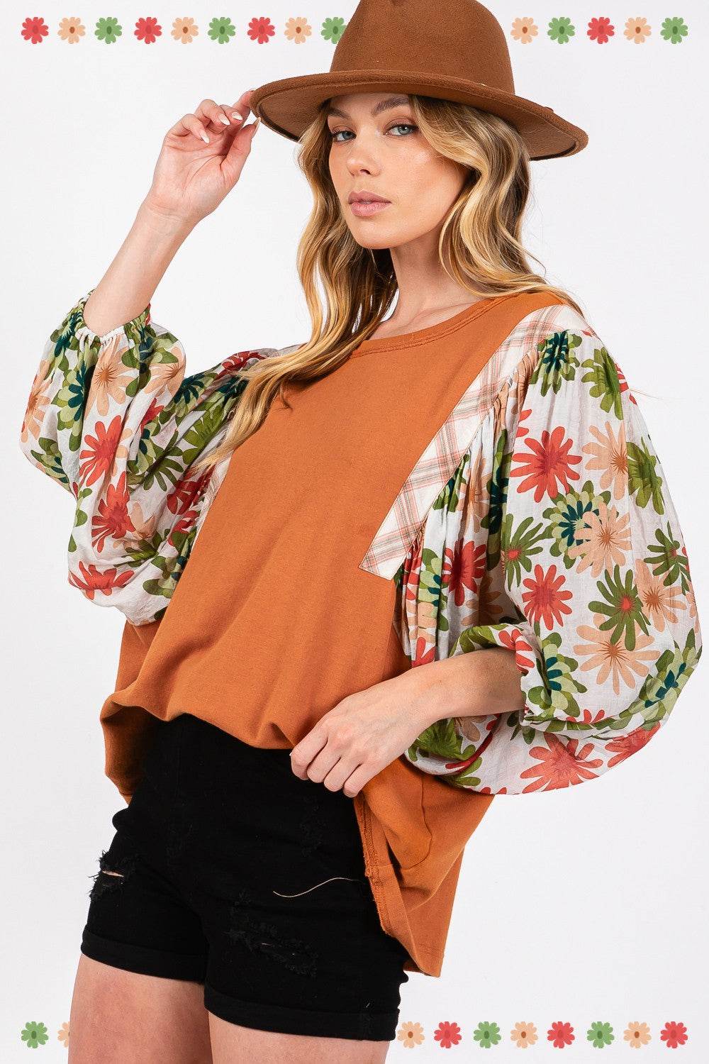 SAGE + FIG Full Size Printed Balloon Sleeve Contrast Top - DaTrendStore.Com