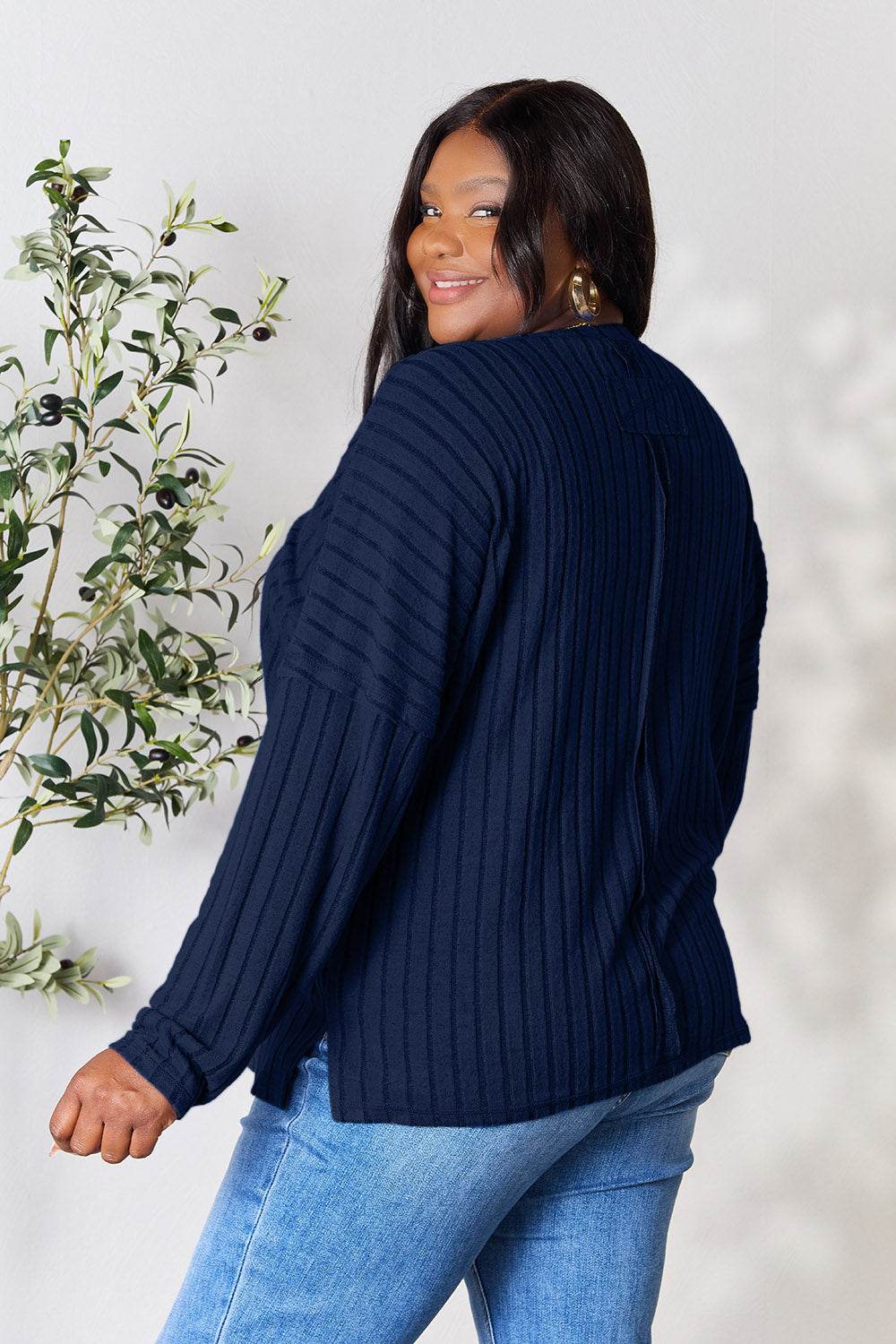 Basic Bae Full Size Ribbed Round Neck Slit Knit Top - DaTrendStore.Com