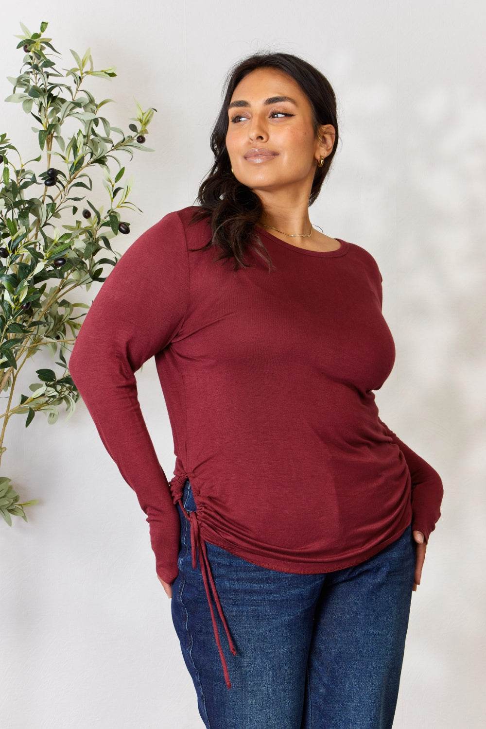 Culture Code Full Size Drawstring Round Neck Long Sleeve Top - DaTrendStore.Com