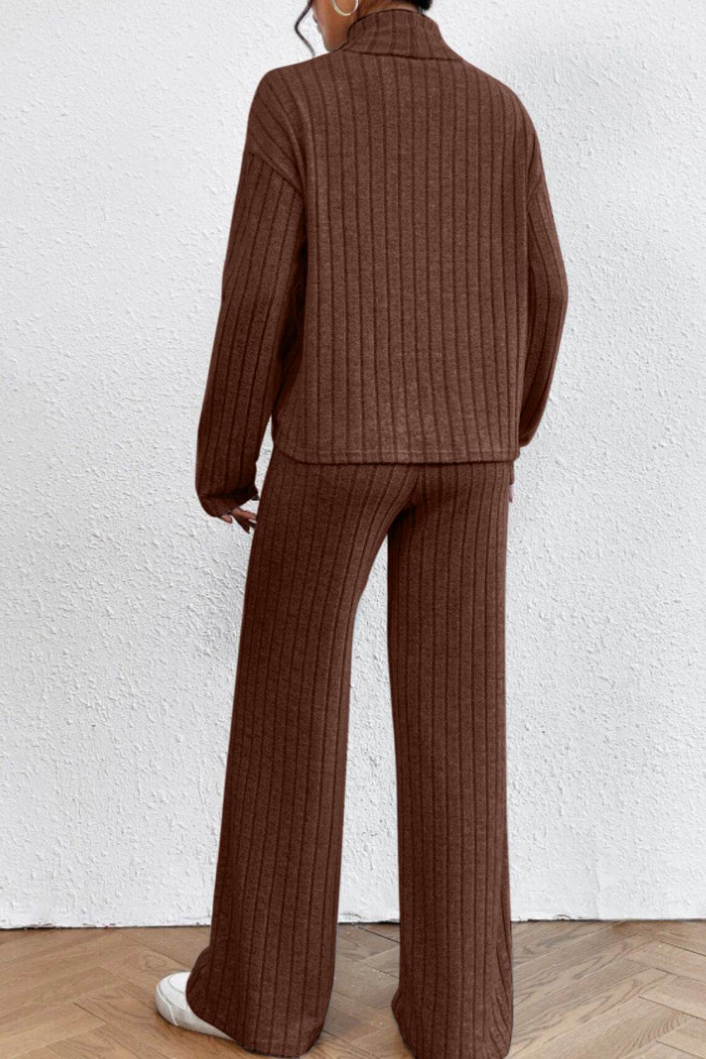 Mock Neck Dropped Shoulder Top and Pants Set - DaTrendStore.Com