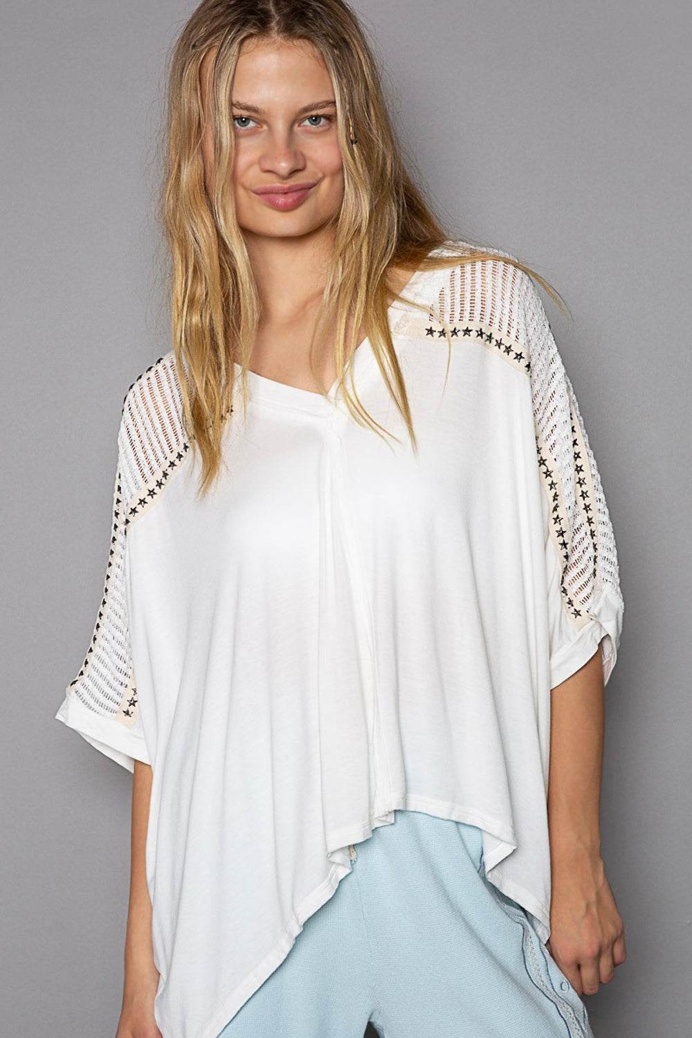 POL Oversize V-Neck Crochet Lace Contrast Studded Top - DaTrendStore.Com