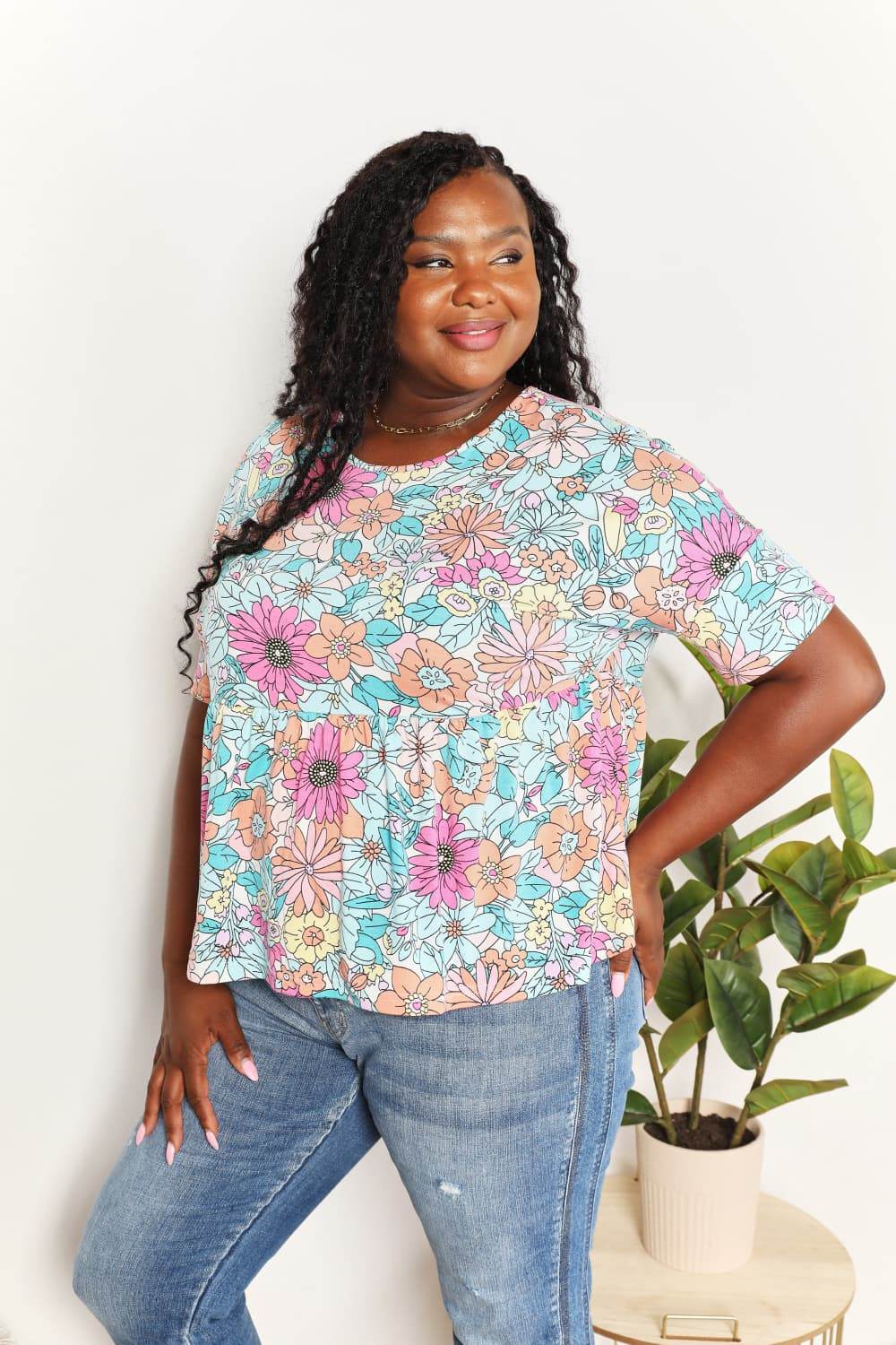 Double Take Floral Round Neck Babydoll Top - DaTrendStore.Com