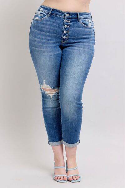 Judy Blue Full Size Button Fly Distressed Jeans with Pockets Plus Size - DaTrendStore.Com