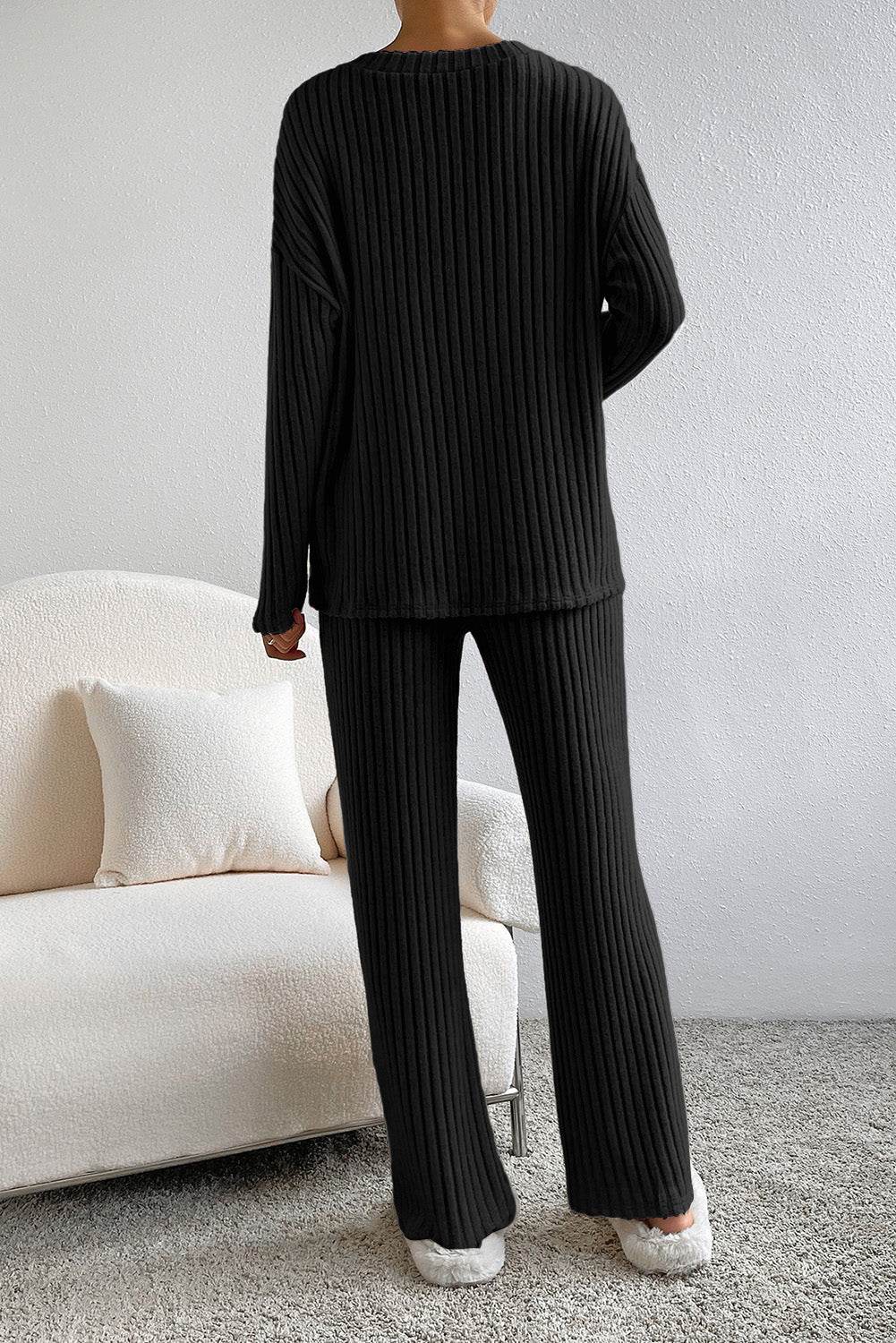 Ribbed V-Neck Top and Pants Lounge Set - DaTrendStore.Com