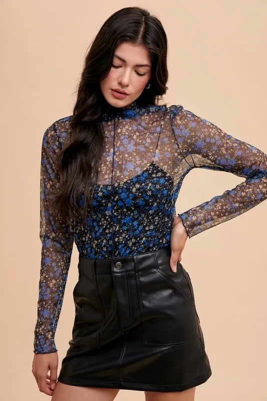 Annie Wear Black/Blue Floral Mesh Top