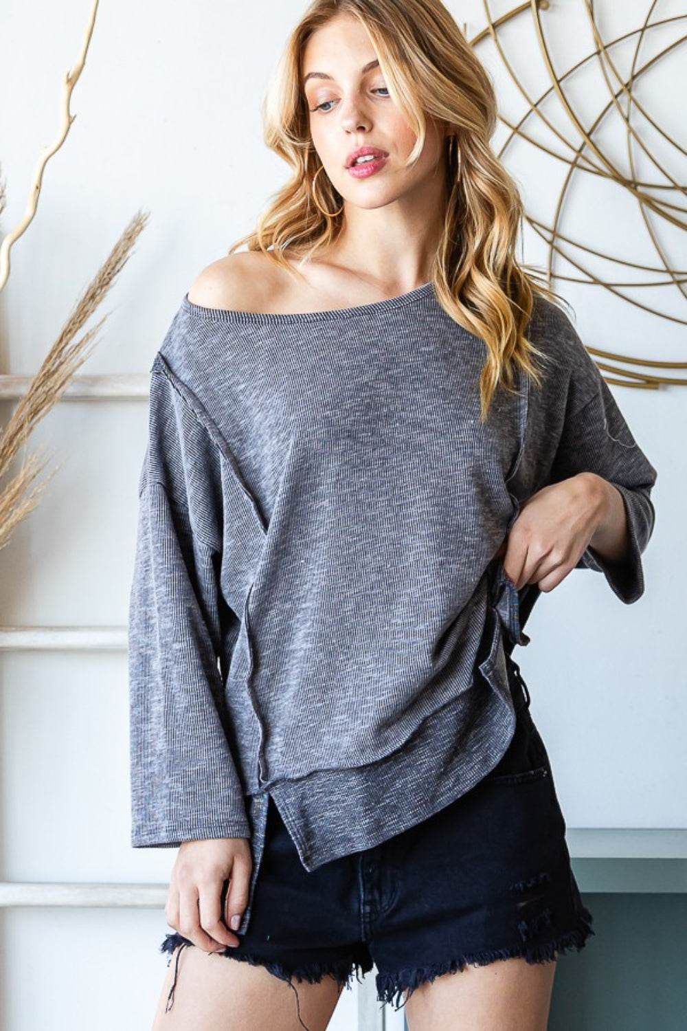 Reborn J Boat Neck Exposed Seam Slit Top - DaTrendStore.Com
