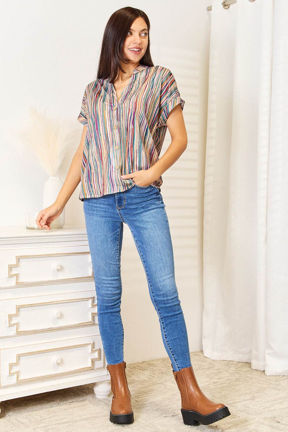 Shiny Multicolored Stripe Notched Neck Top - DaTrendStore.Com