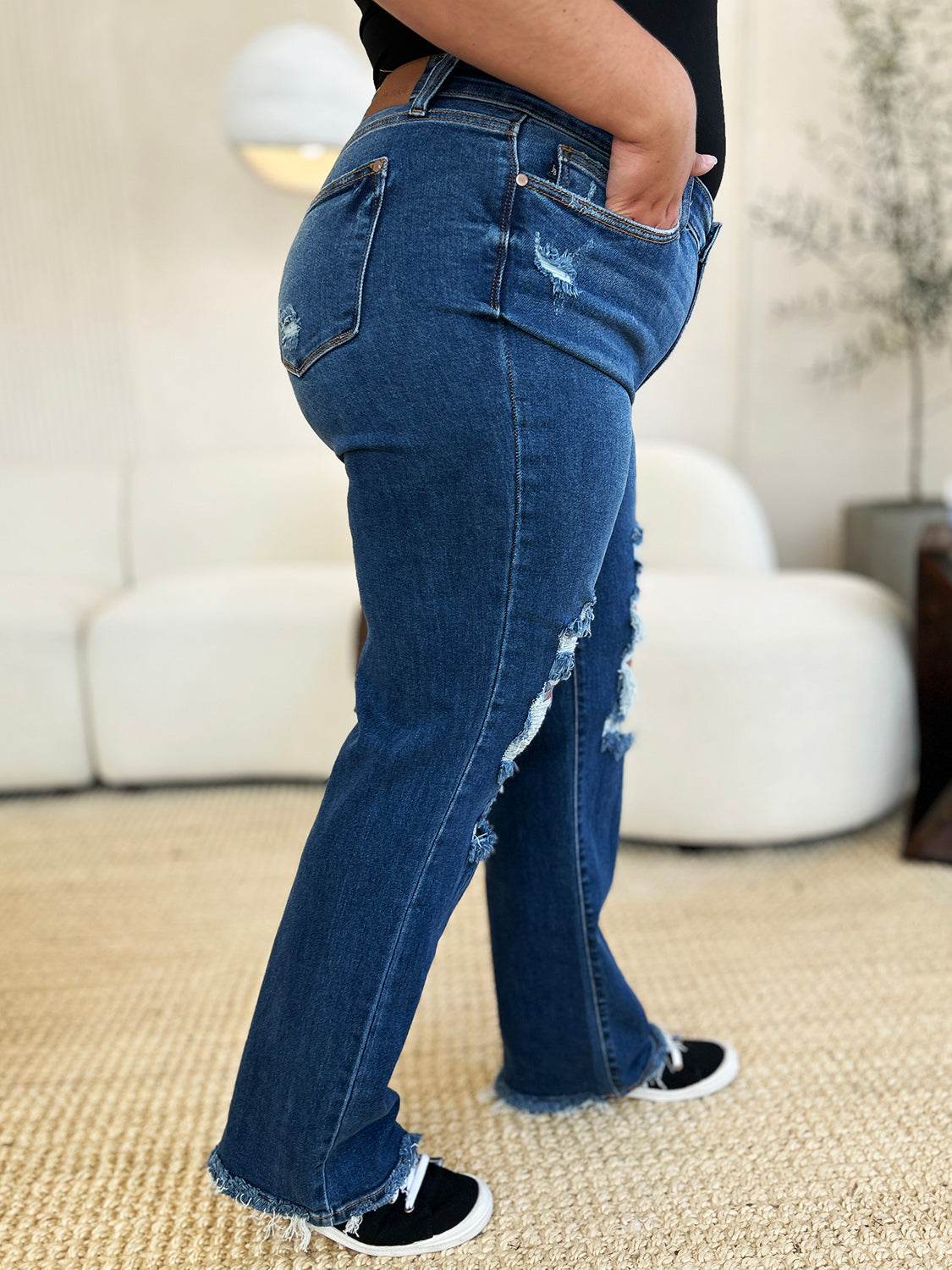 Judy Blue Full Size Mid Rise Distressed Raw Hem Jeans - DaTrendStore.Com