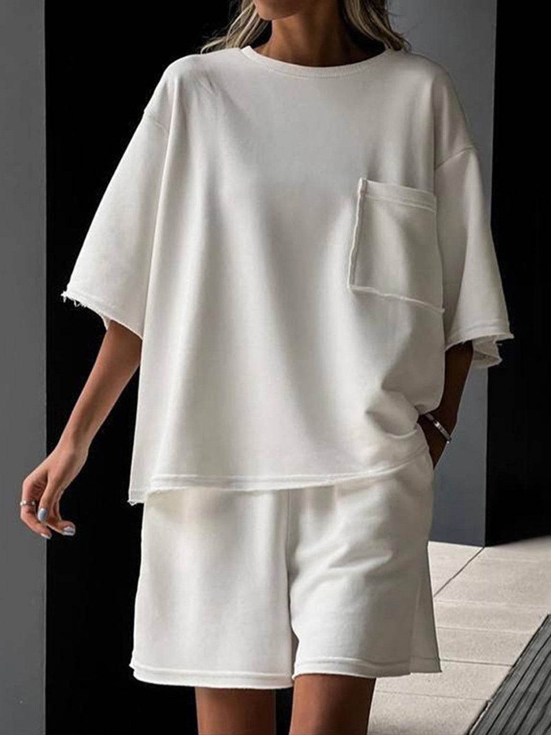 Pocketed Round Neck Half Sleeve Top and Shorts Set - DaTrendStore.Com