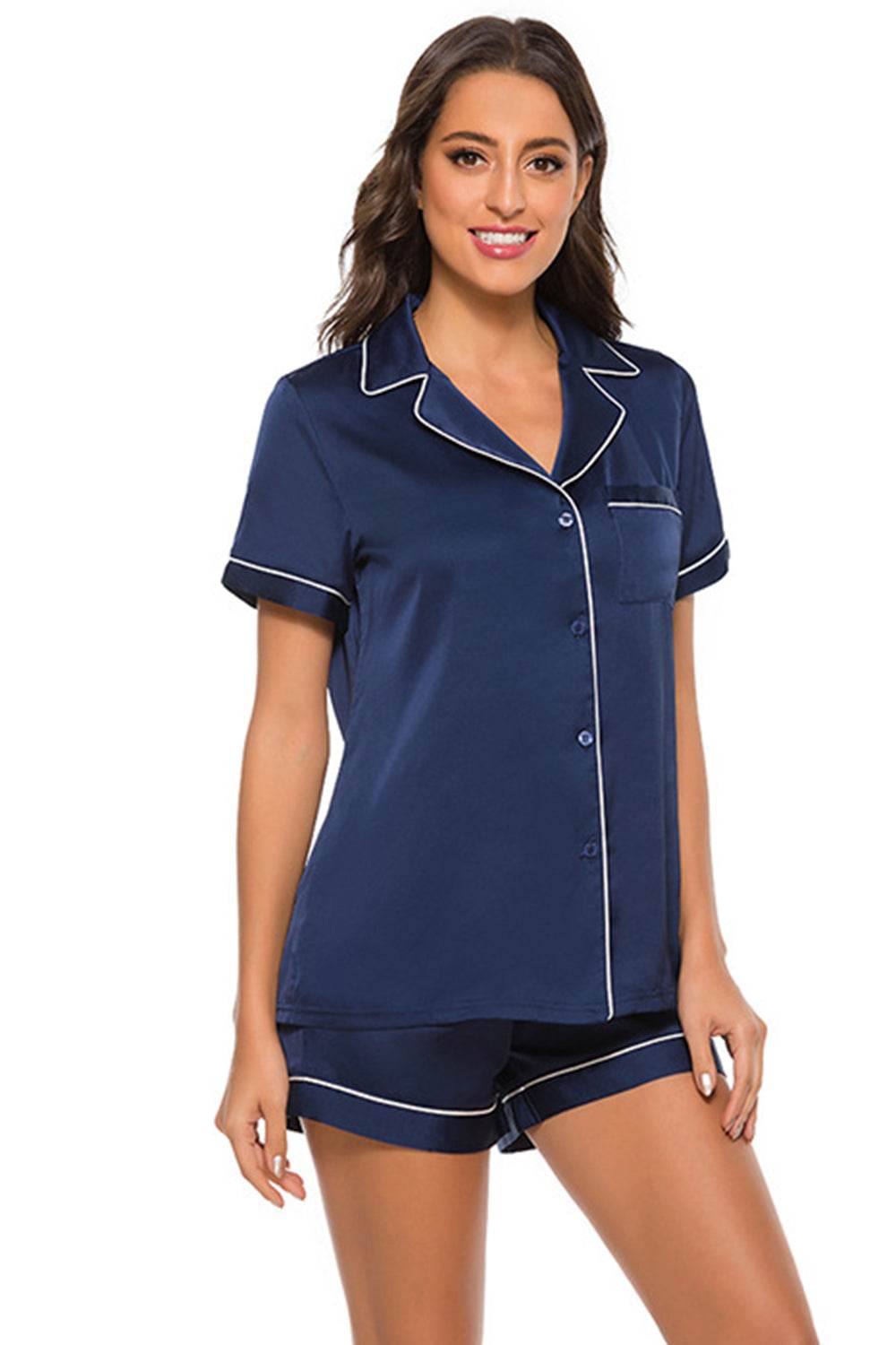 Printed Button Up Short Sleeve Top and Shorts Lounge Set - DaTrendStore.Com