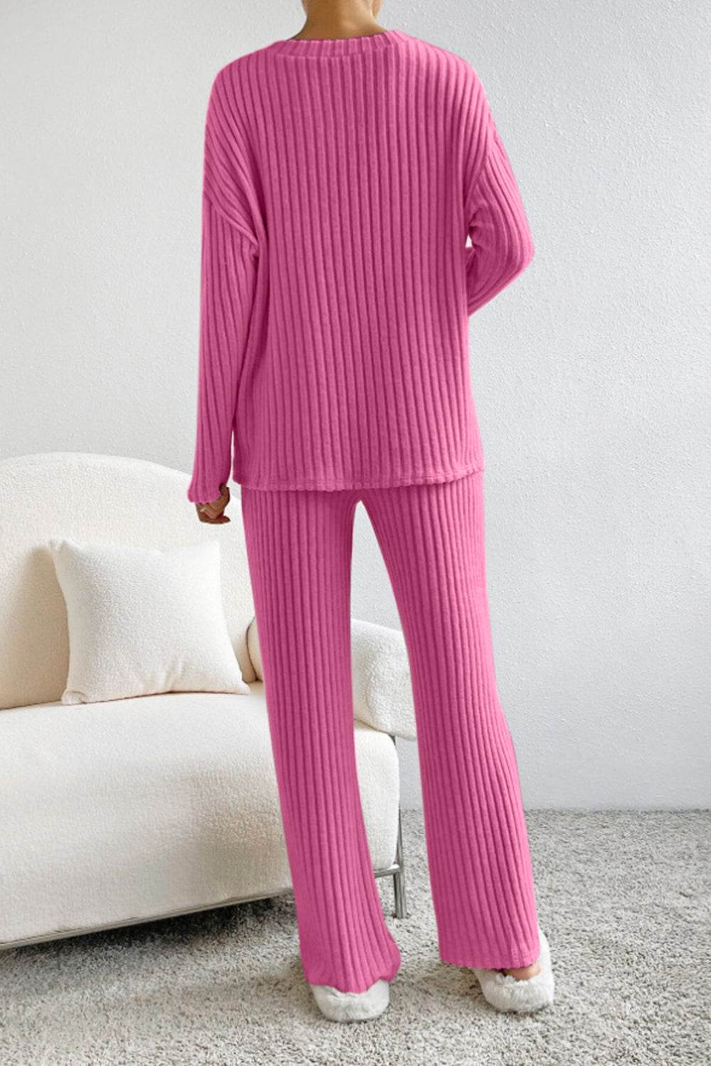 Ribbed V-Neck Top and Pants Set - DaTrendStore.Com