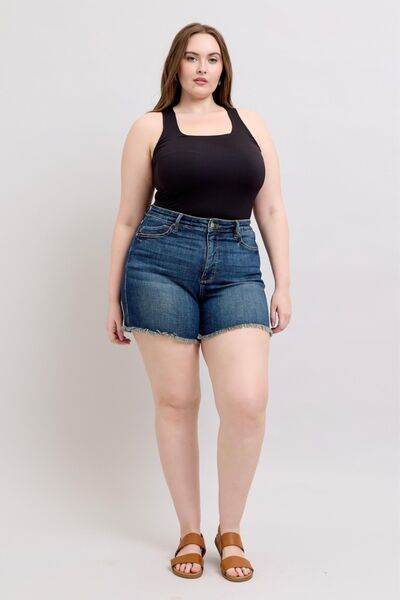 Judy Blue Tummy Control Fray Hem & Shield Back Pockets Denim Shorts - DaTrendStore.Com