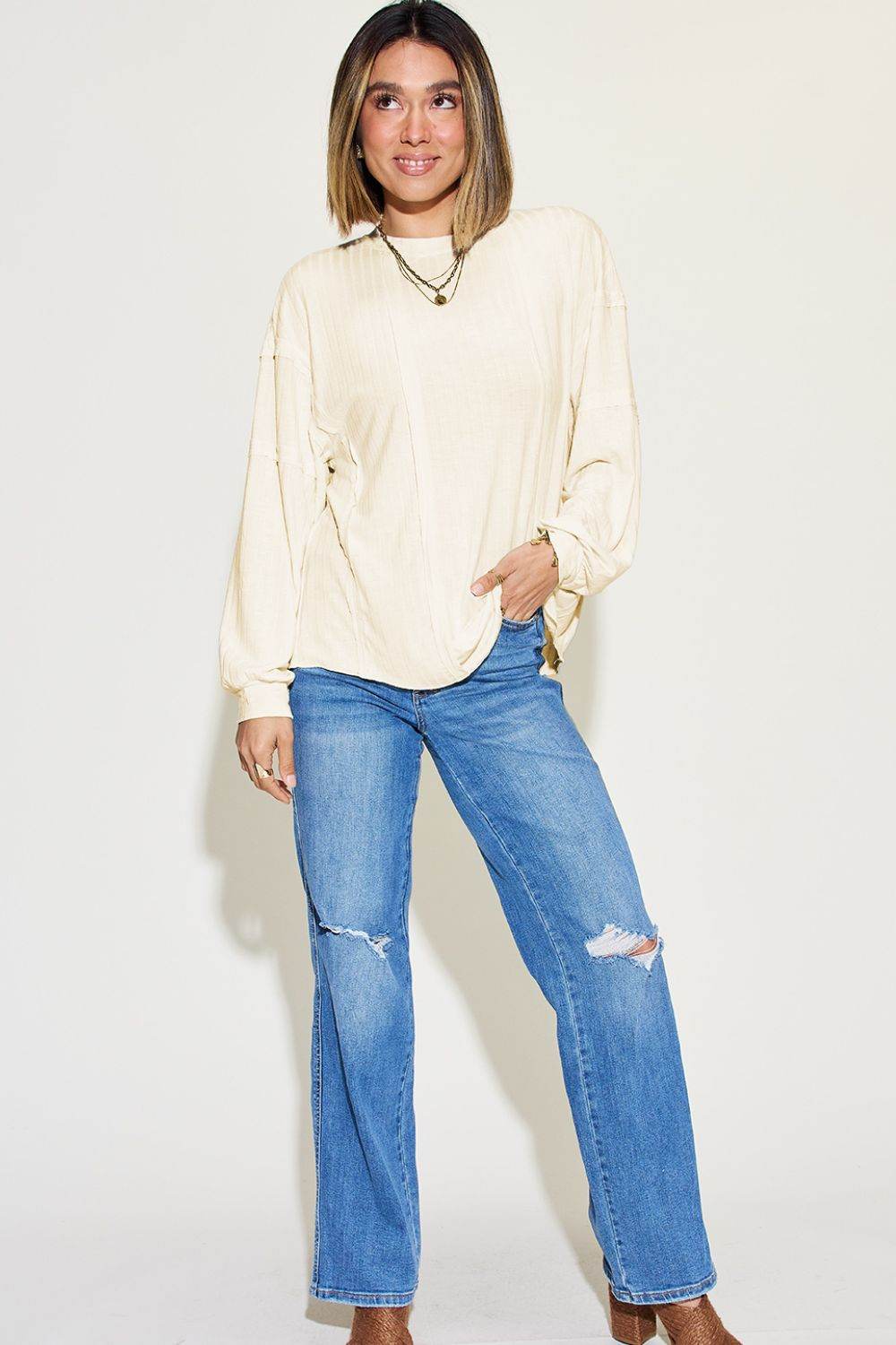Basic Bae Full Size Ribbed Round Neck Long Sleeve T-Shirt - DaTrendStore.Com