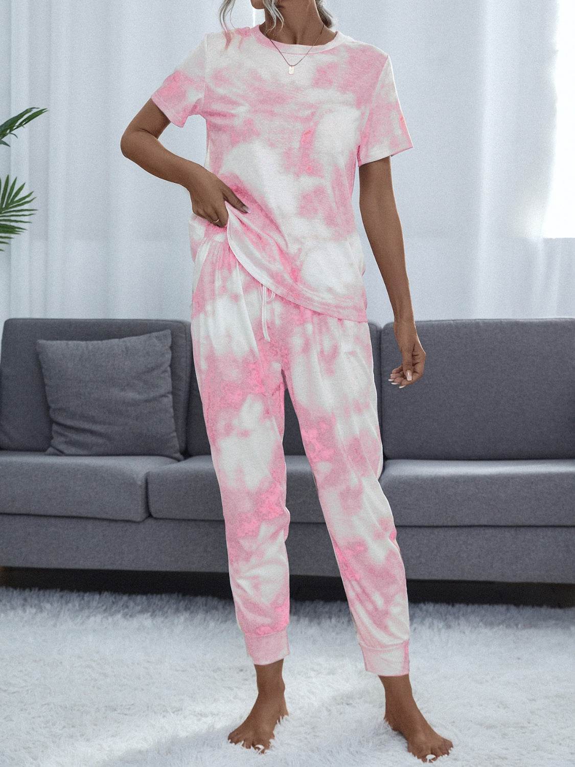 Shiny Tie-Dye Round Neck Short Sleeve Top and Pants - DaTrendStore.Com