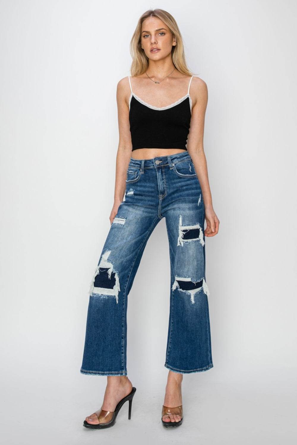 Risen Full Size High Rise Patch Detailed Wide Leg Crop Jeans - DaTrendStore.Com