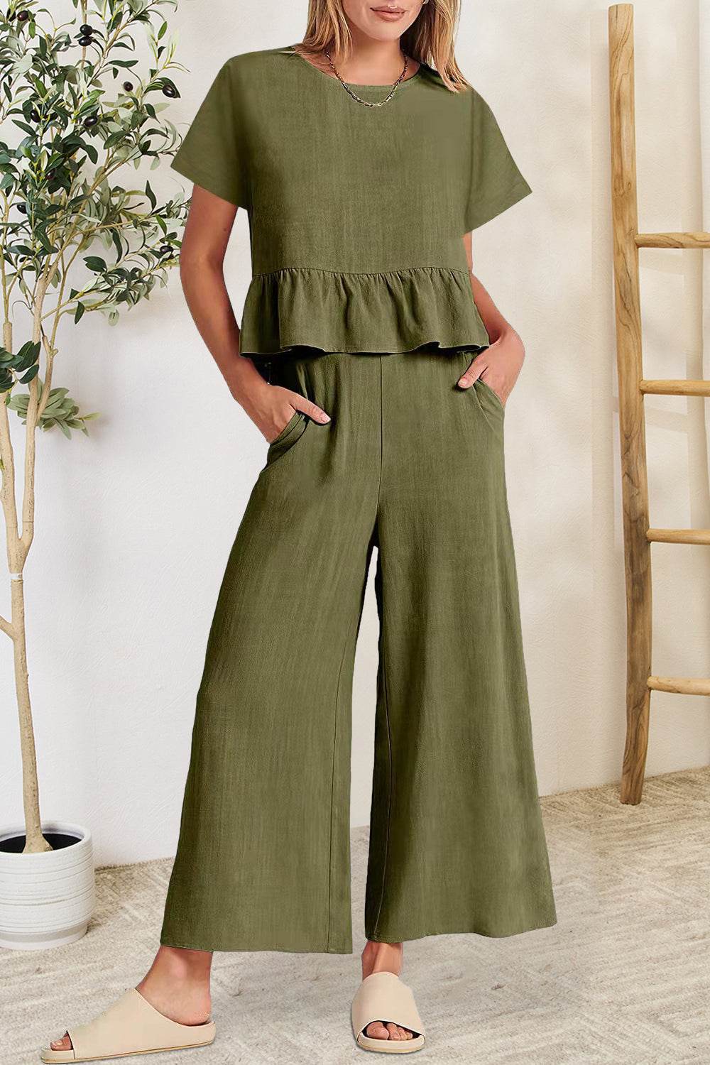 Peplum Round Neck Short Sleeve Top and Pants Set - DaTrendStore.Com