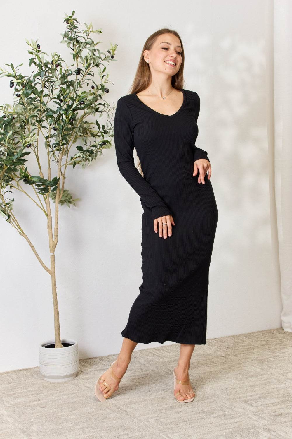 Culture Code Full Size Ribbed Long Sleeve Midi Slit Dress - DaTrendStore.Com