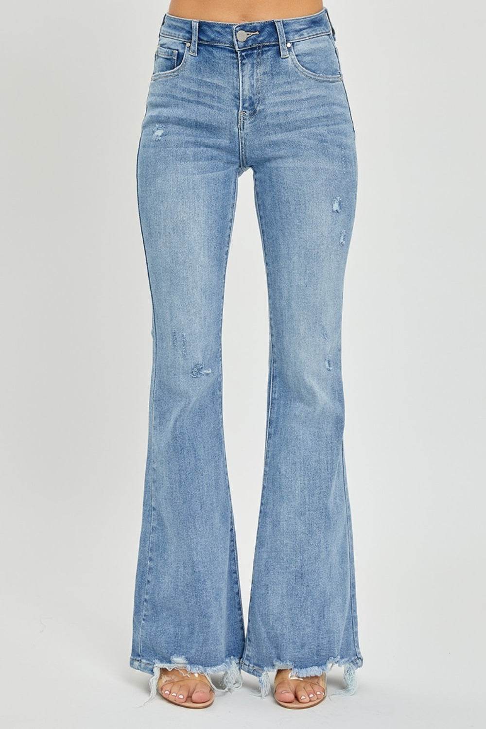 Risen Full Size High Rise Frayed Hem Flare Jeans - DaTrendStore.Com