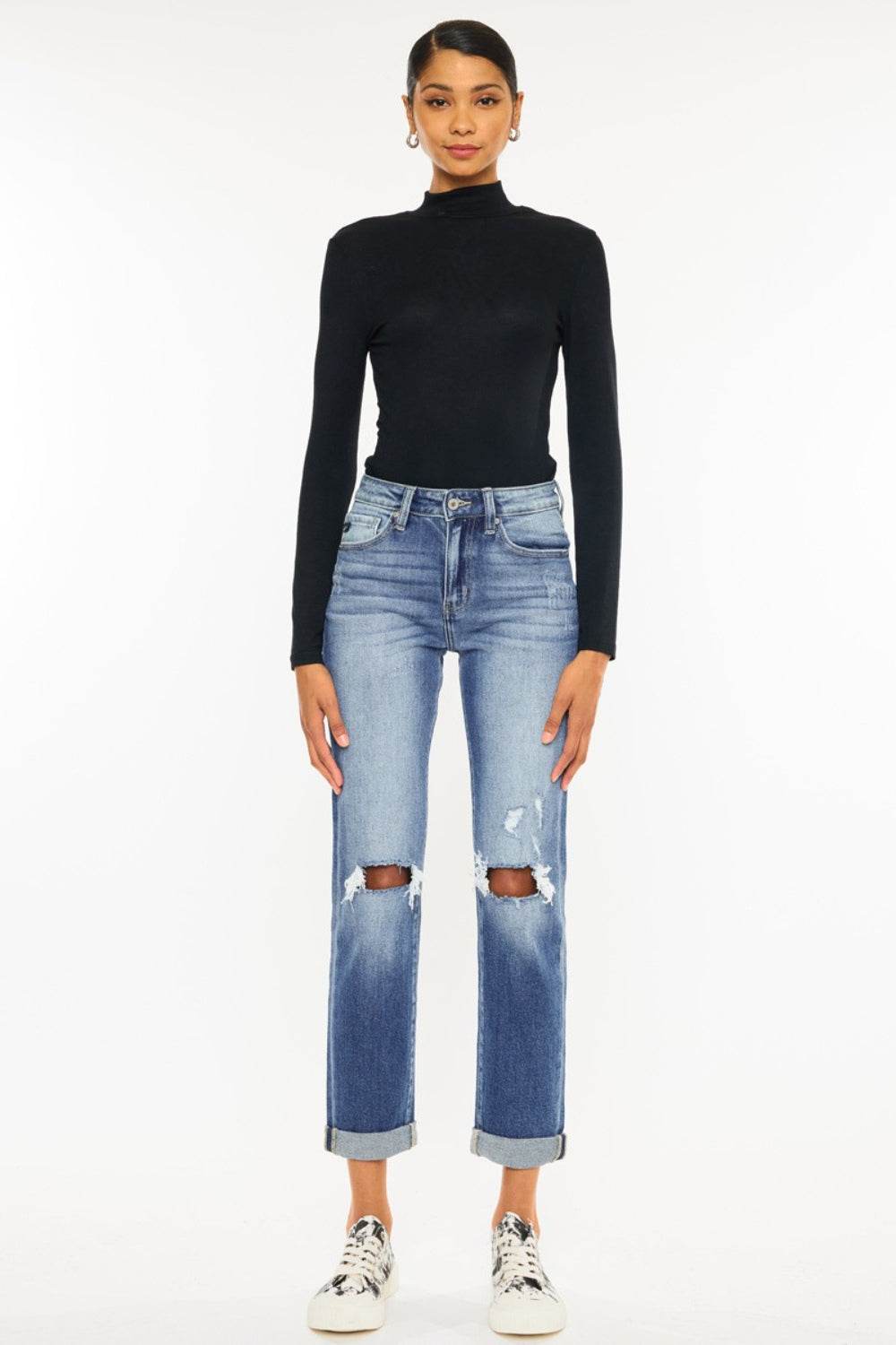 Kancan High Waist Distressed Hem Detail Cropped Straight Jeans - DaTrendStore.Com