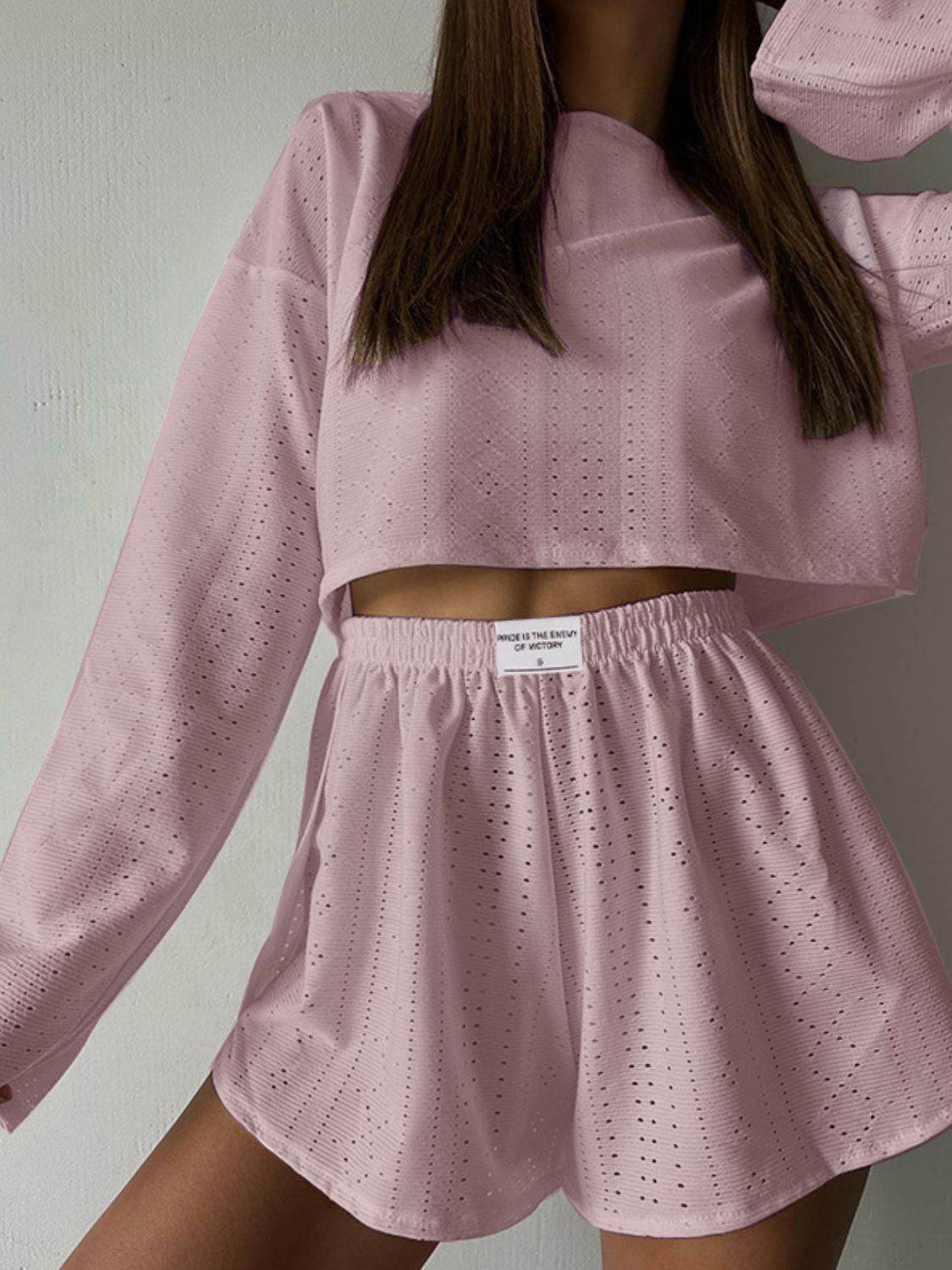 Eyelet Round Neck Top and Shorts Set - DaTrendStore.Com