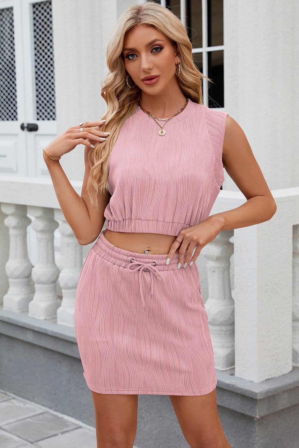 Round Neck Sleeveless Top and Drawstring Skirt Set - DaTrendStore.Com